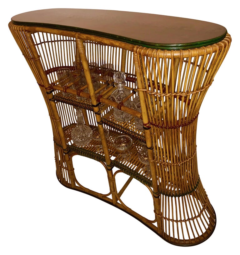 Rattan Kidney Shaped Bar with Matching Upholstered Rattan Stools For