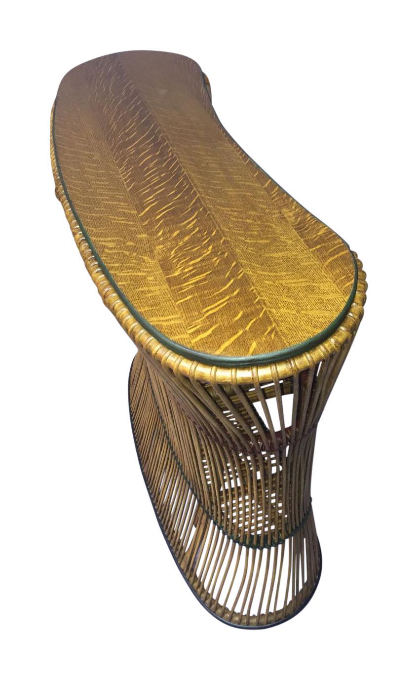 Early 20th Century Rattan Kidney Shaped Bar with Matching Upholstered Rattan Stools For Sale