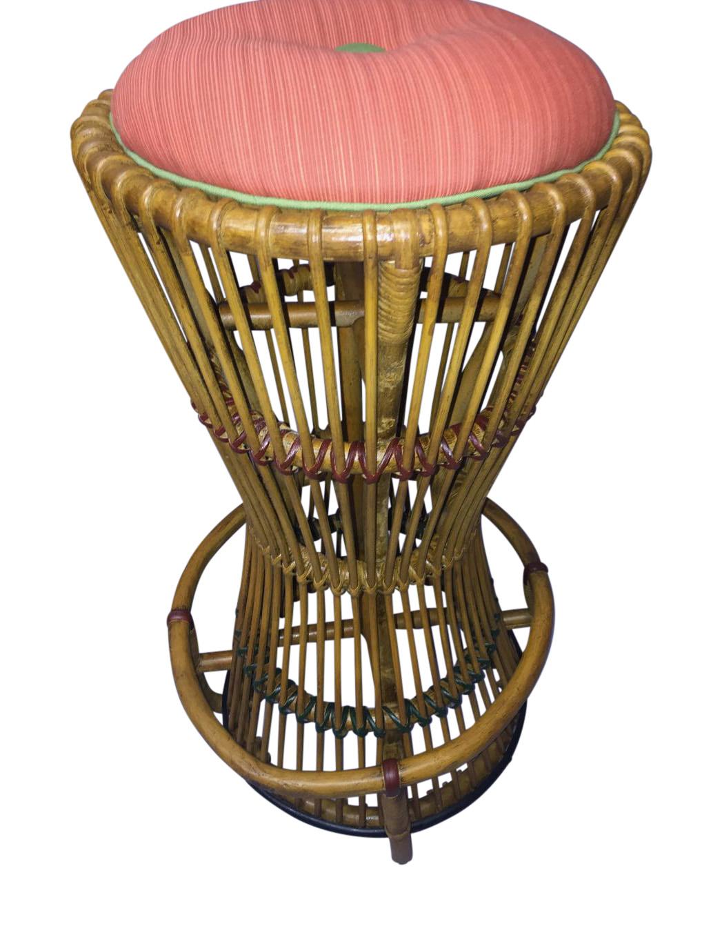 Rattan Kidney Shaped Bar with Matching Upholstered Rattan Stools For Sale 1