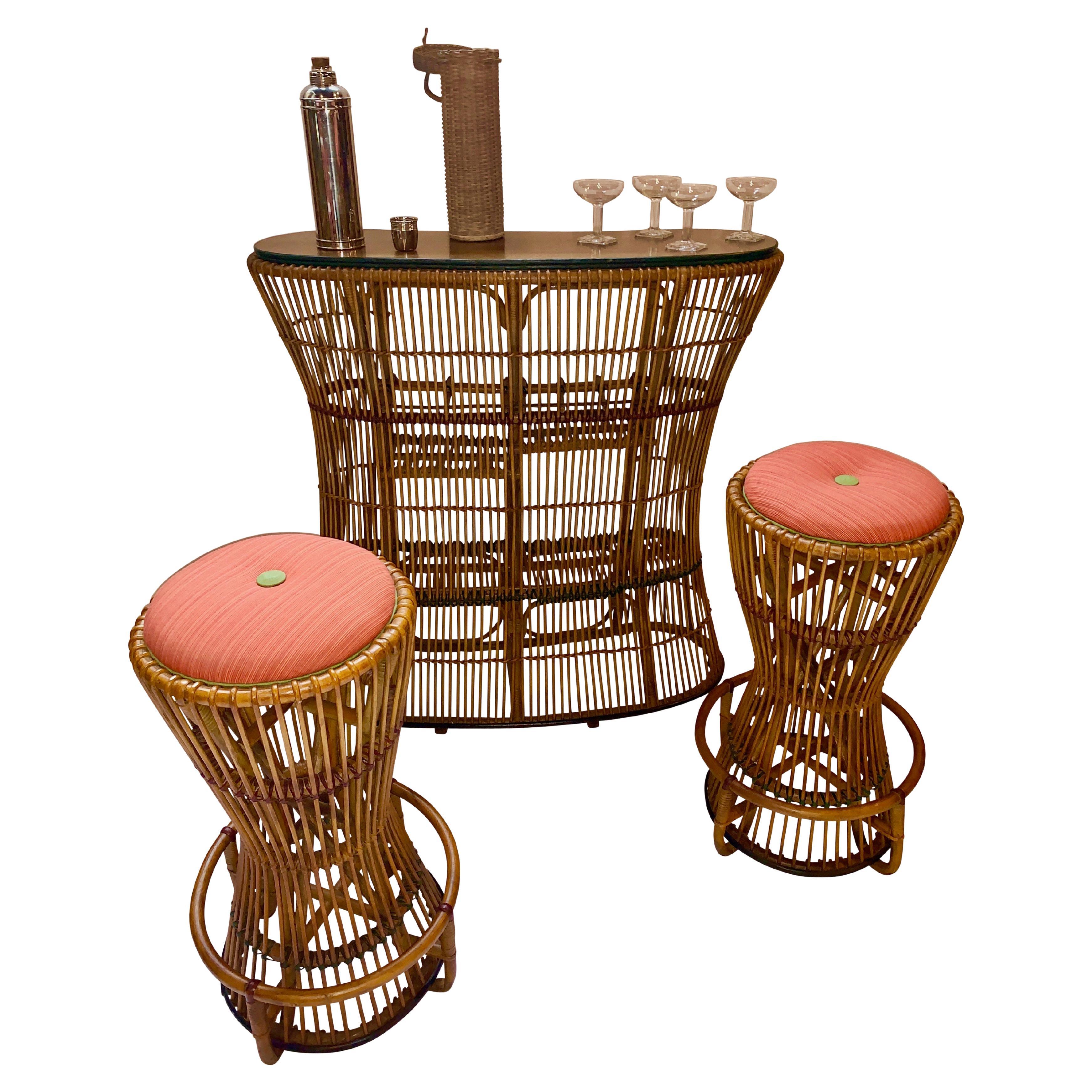 Rattan Kidney Shaped Bar with Matching Upholstered Rattan Stools For Sale