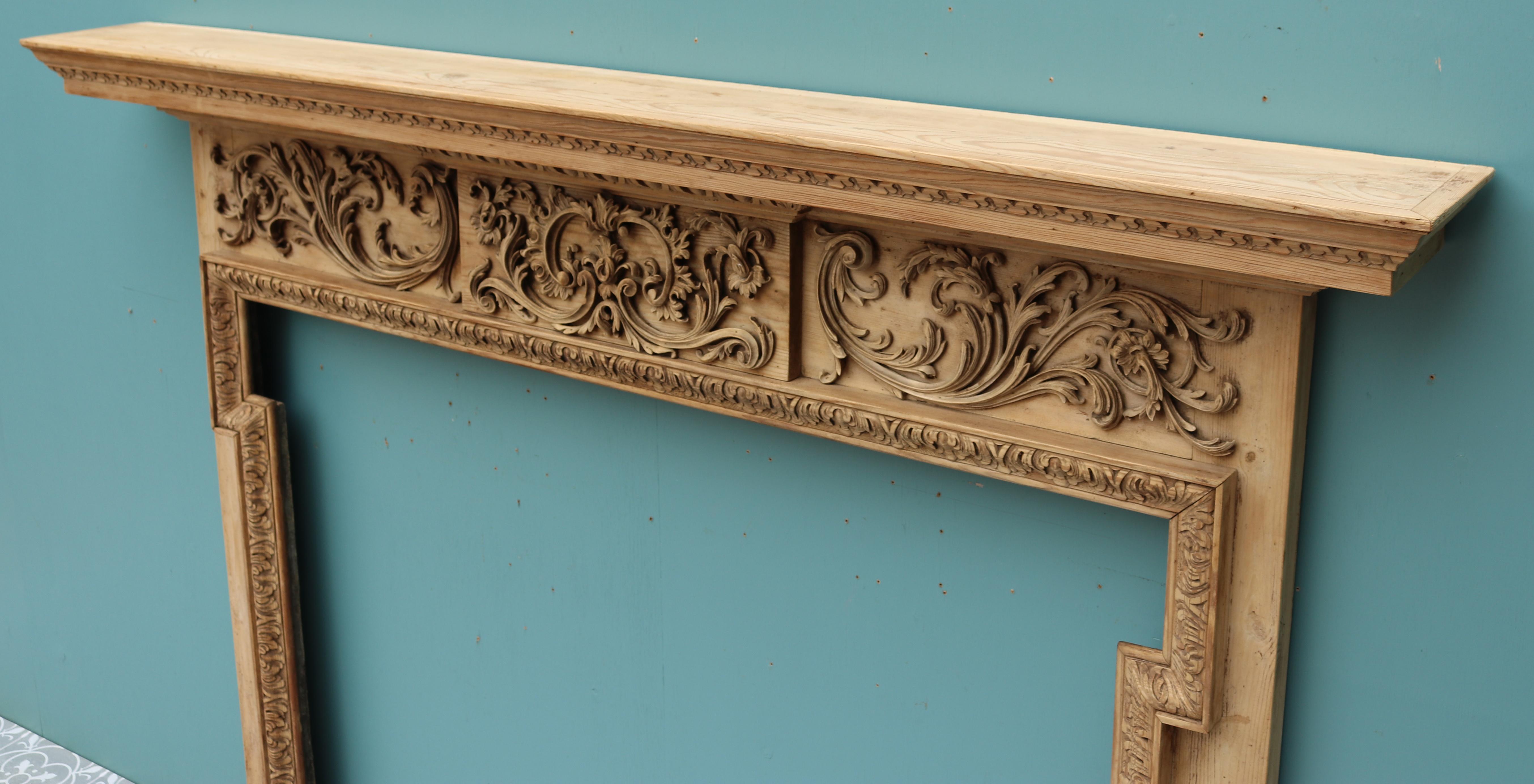 A late 19th century Georgian style fireplace carved with scrolling foliage

Additional dimensions:

Opening Height 82.5 cm

Opening Width 114 cm

Width between outside of foot blocks 138 cm