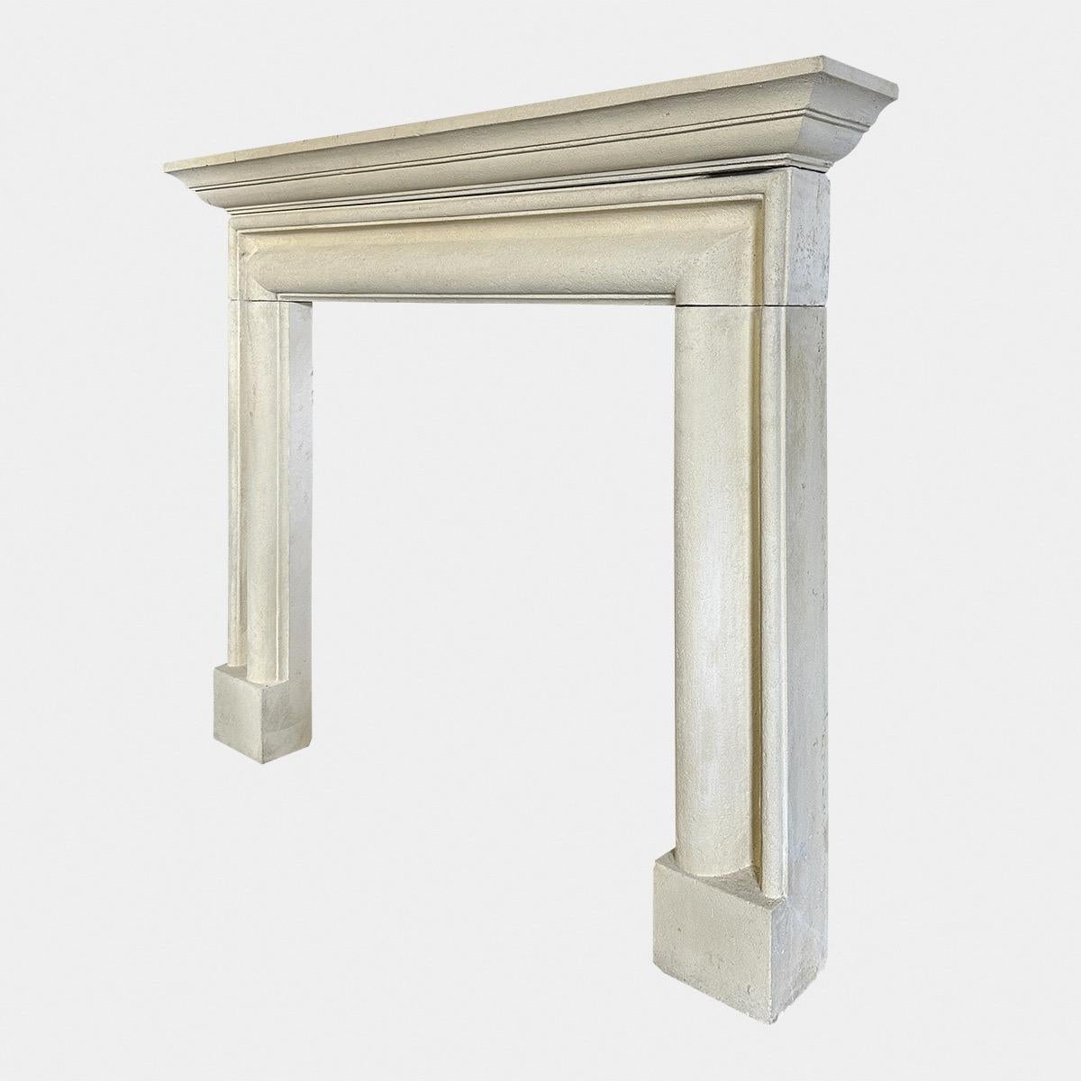 A reclaimed stone fireplace in the Georgian style, a bolection moulded frame with a stepped mantle shelf. Stood on square foot blocks, with a deep moulding. Reclaimed from a cottage in the Cotswolds.

English Late 20th century 

Opening Sizes

91cm