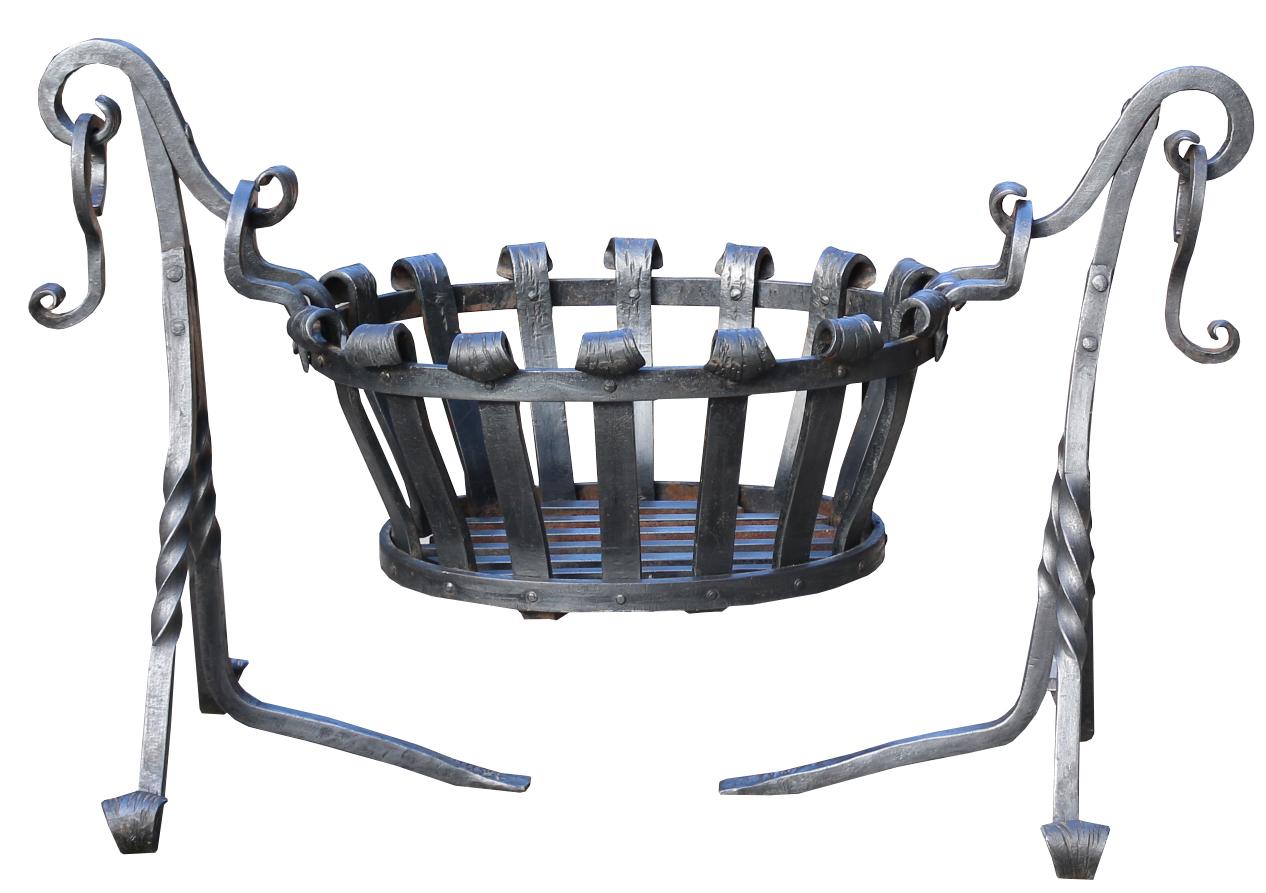 An unusual wrought iron, rustic style fire grate with an oval shaped fire basket suspended between two scrolling topped supports.