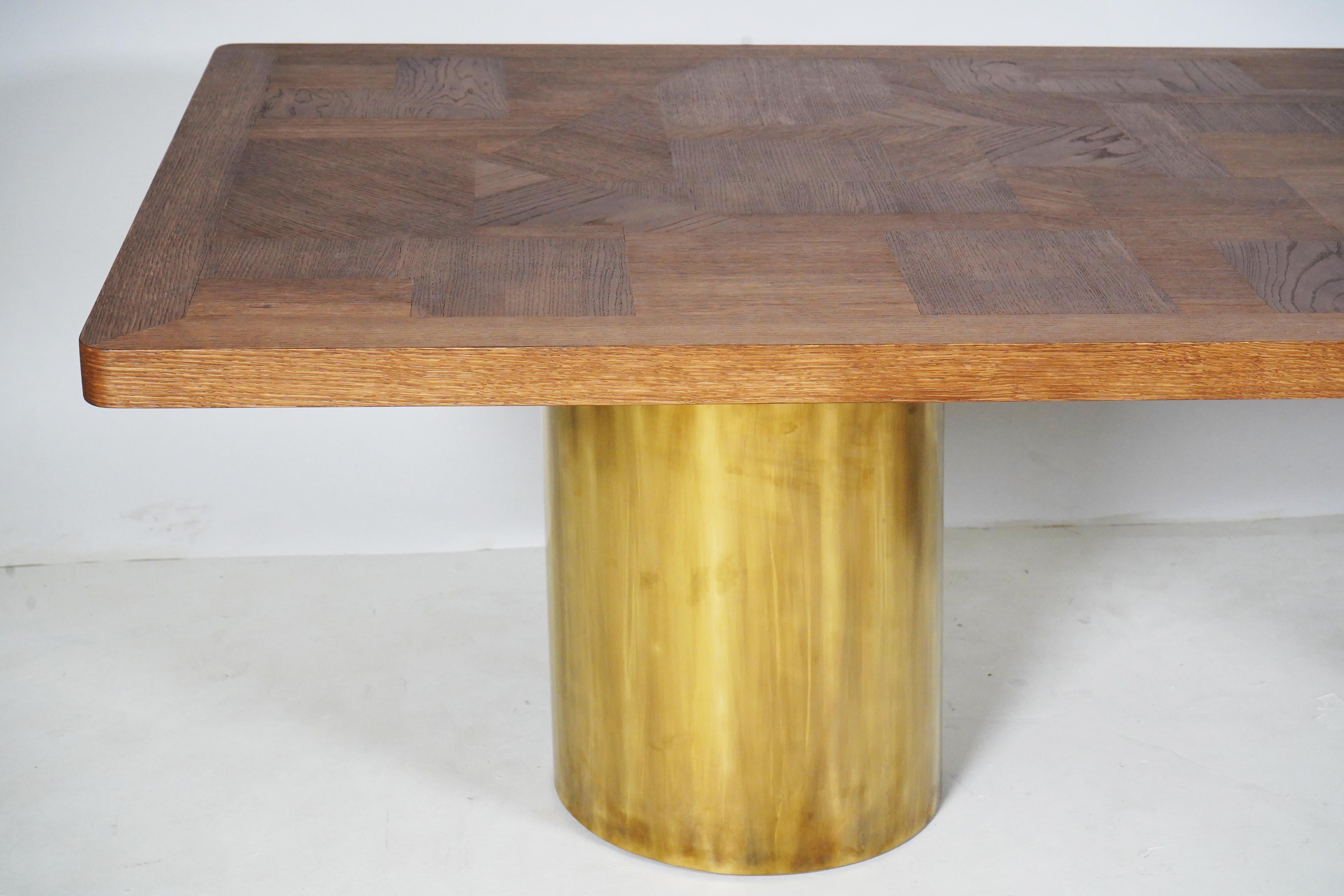 Parquetry Rectangular Dining Table with Oak Parquet Top and Brass Pedestal Legs