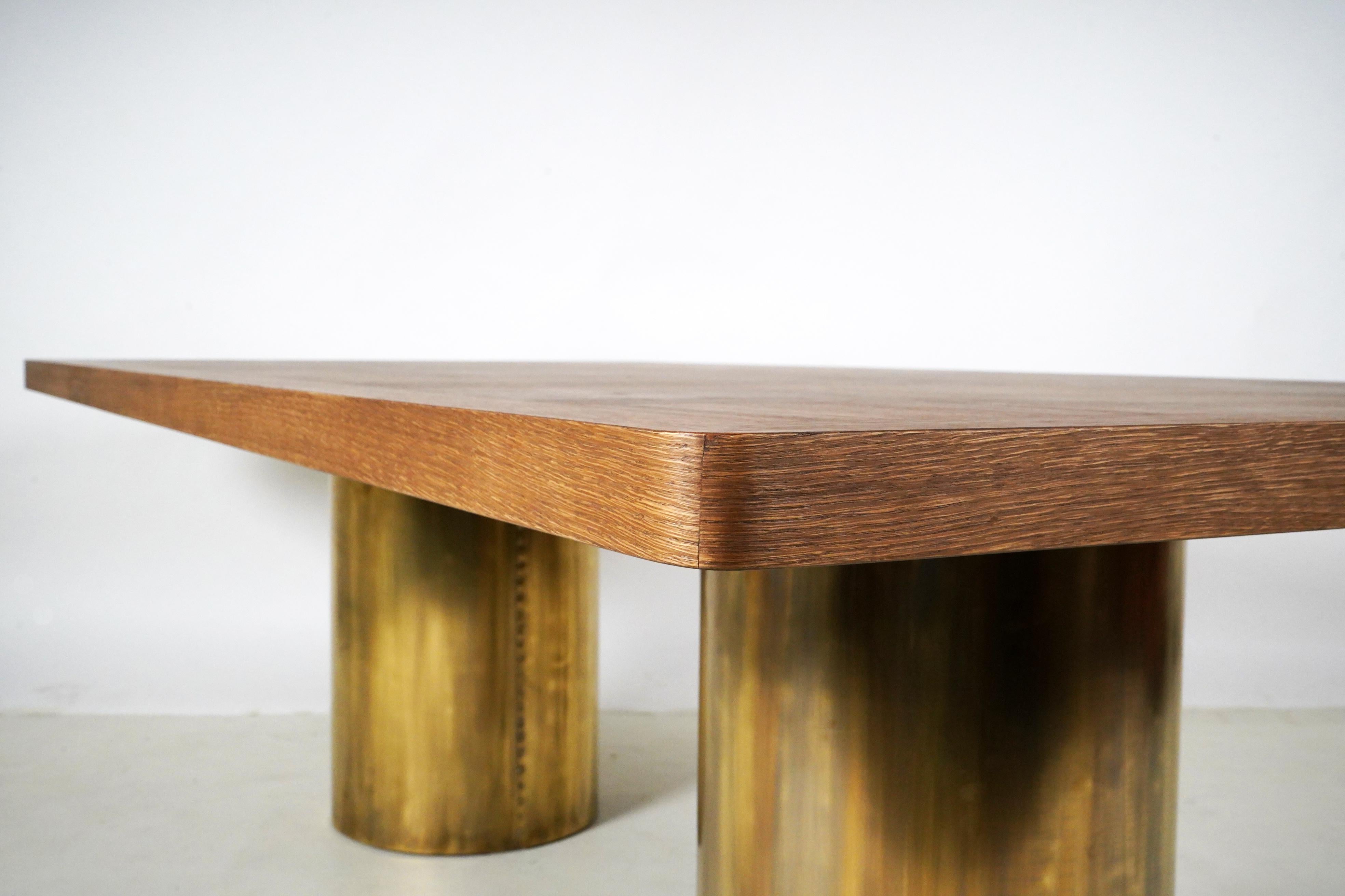 Contemporary Rectangular Dining Table with Oak Parquet Top and Brass Pedestal Legs