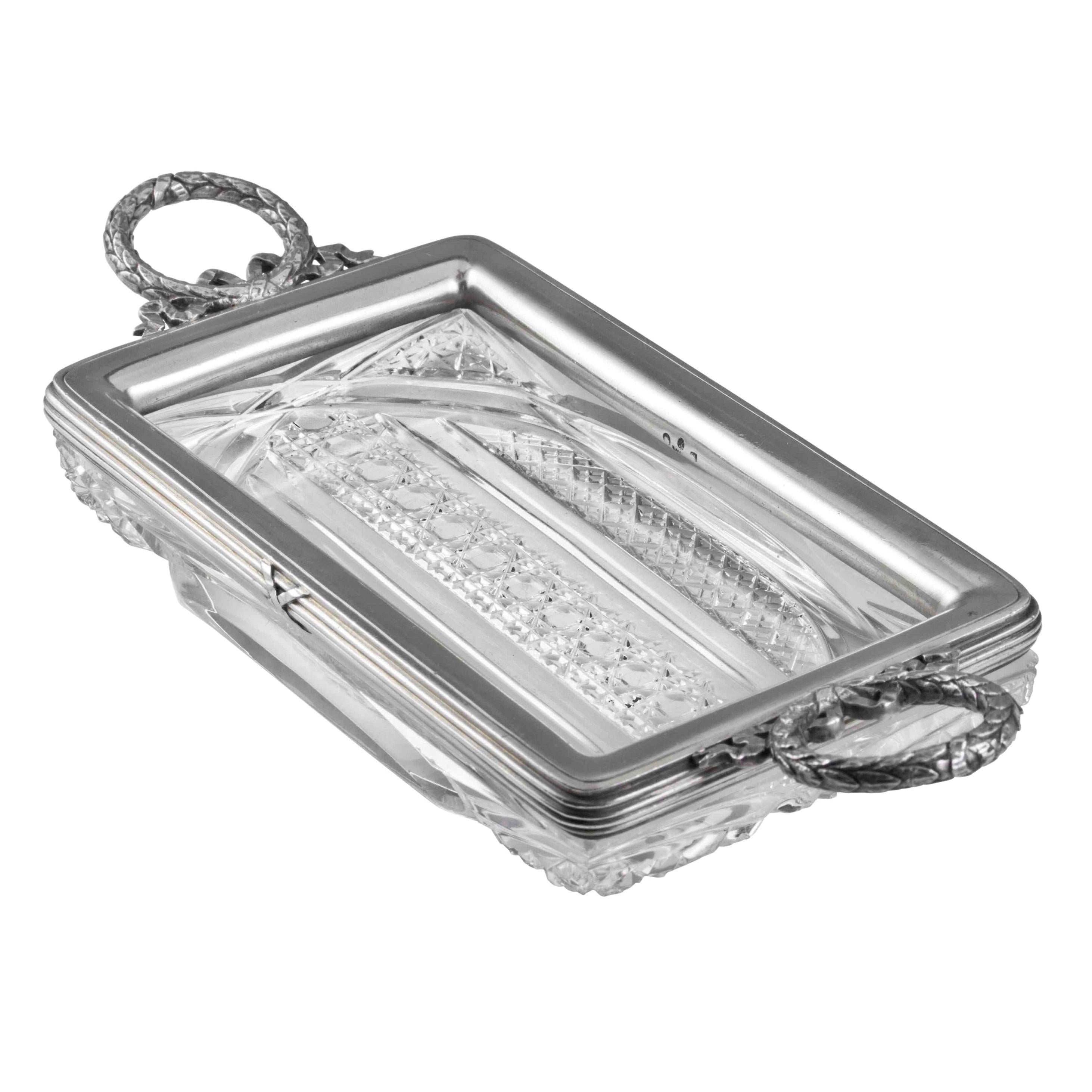 Plateau rectangulaire en verre taillé et argent de Fabergé