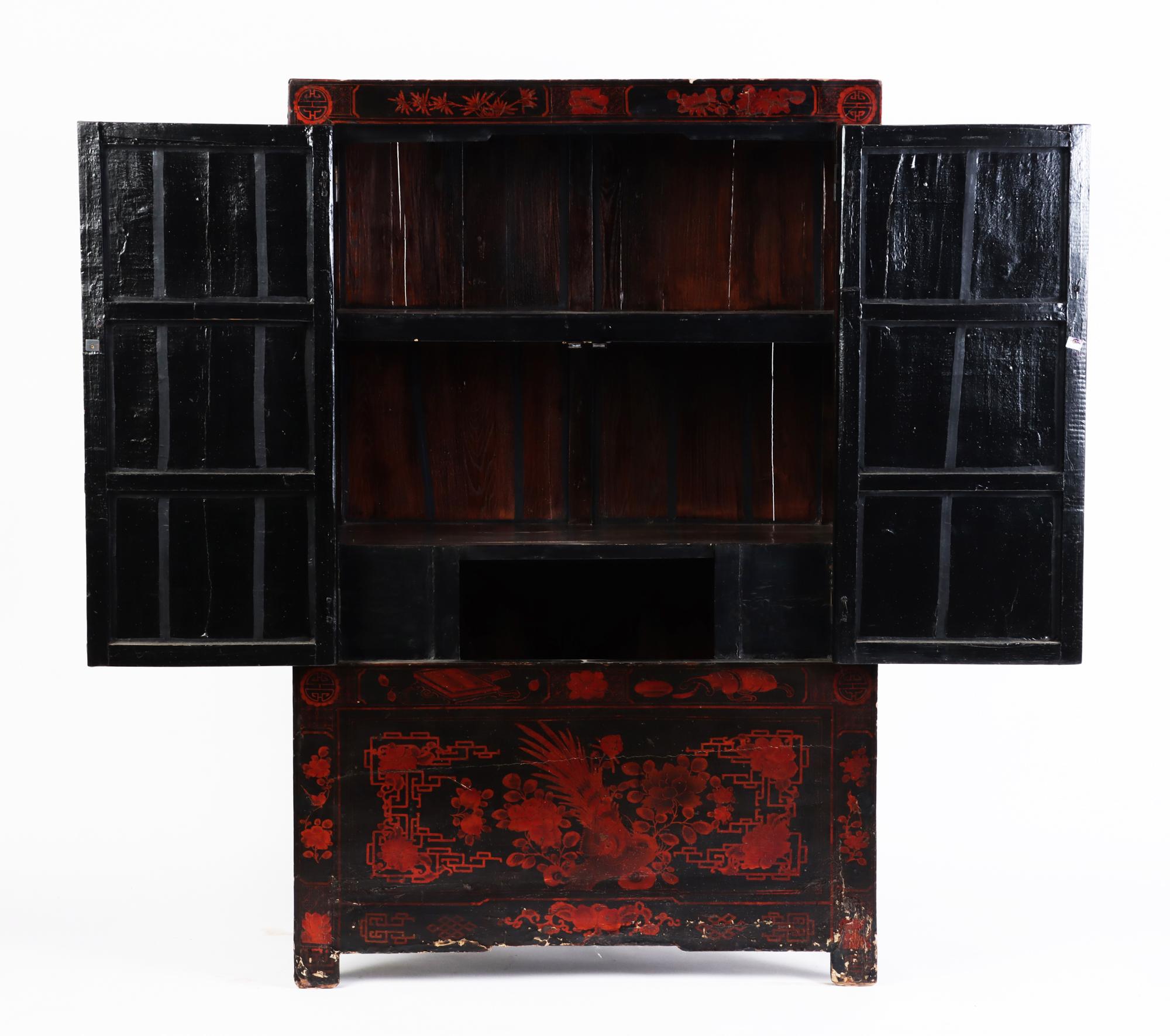 Asian Red and Black Lacquered Chinese Cabinet with Hand Painted Landscape, 19th C For Sale