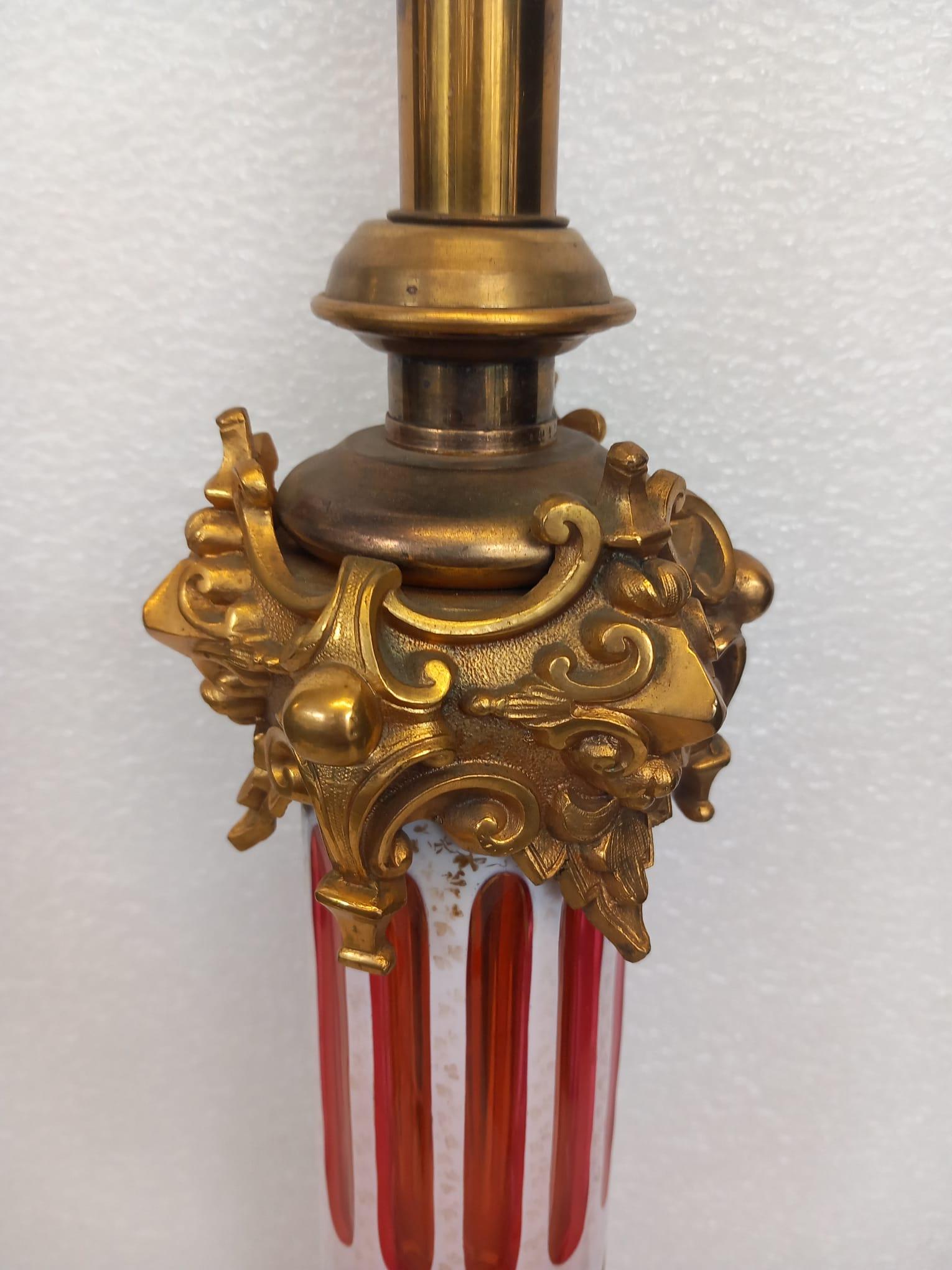 A red Bohemian glass lamp dating from the mid nineteenth century In Good Condition For Sale In London, GB