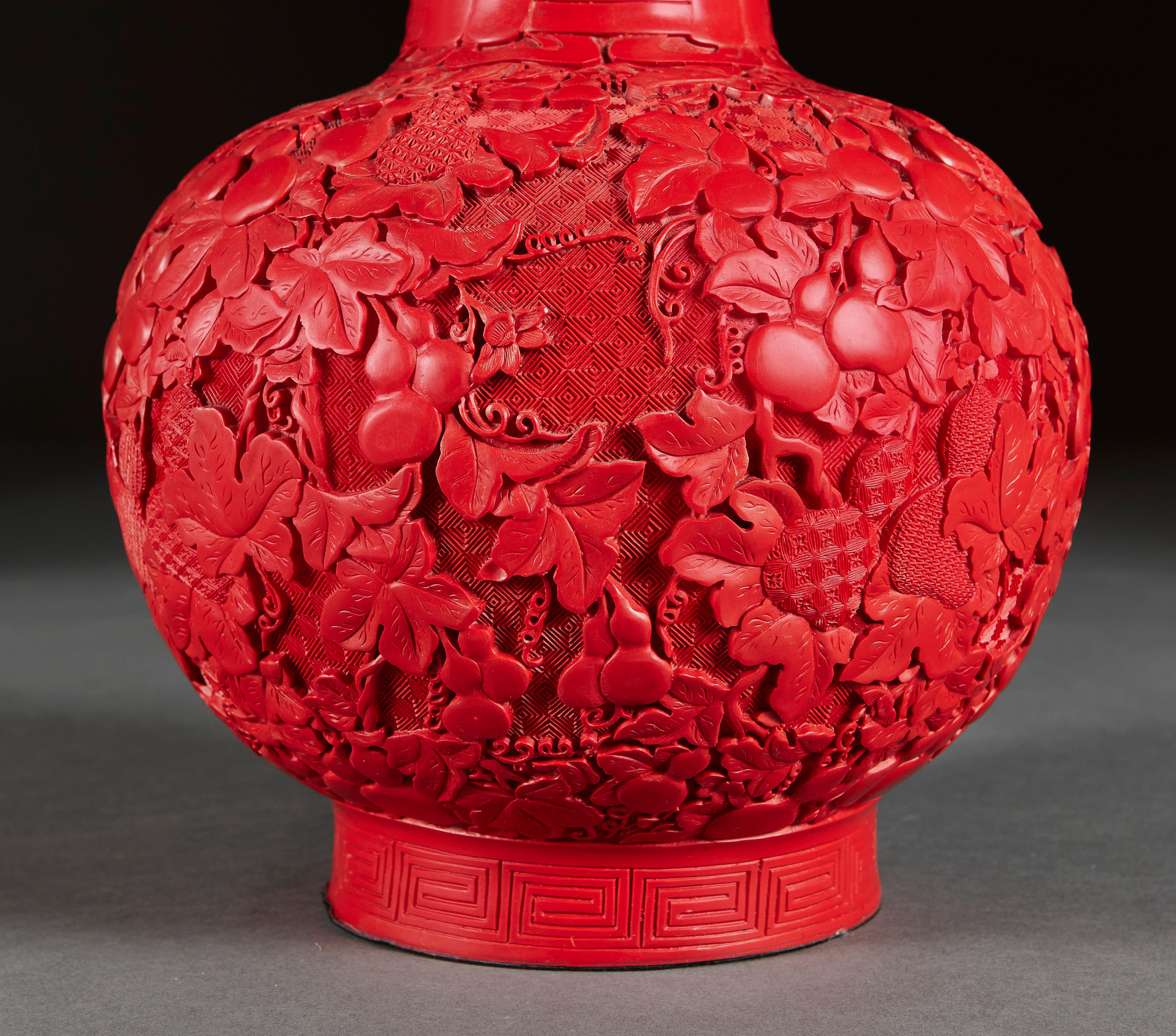 20th Century Red Cinnabar Lacquer Double Gourd Vase
