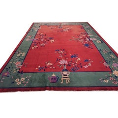 A Red Color Background with Towering Floral Design Antique Chinese Art Deco Rug
