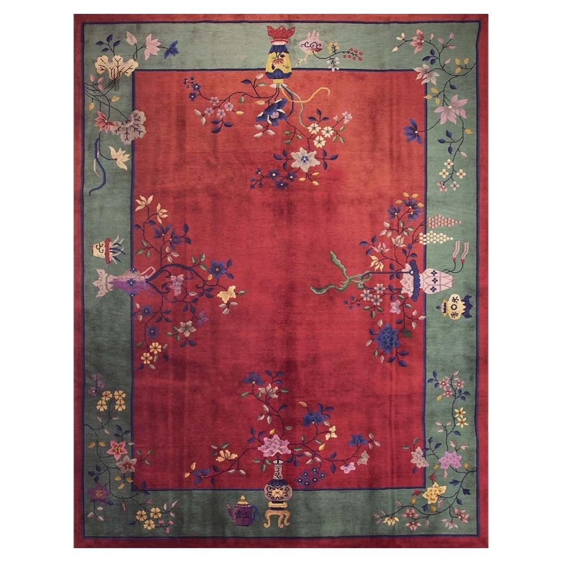 A Red Color Background with Towering Floral Design Antique Chinese Art Deco Rug