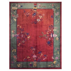 A Red Color Background with Towering Floral Design Antique Chinese Art Deco Rug