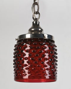 Nickel Pendant with Red Hand-Blown Hobnail Patterned Glass Cylinder, Circa 1900s