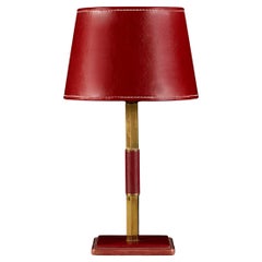 Red Leather and Brass Table Lamp After Jacques Adnet