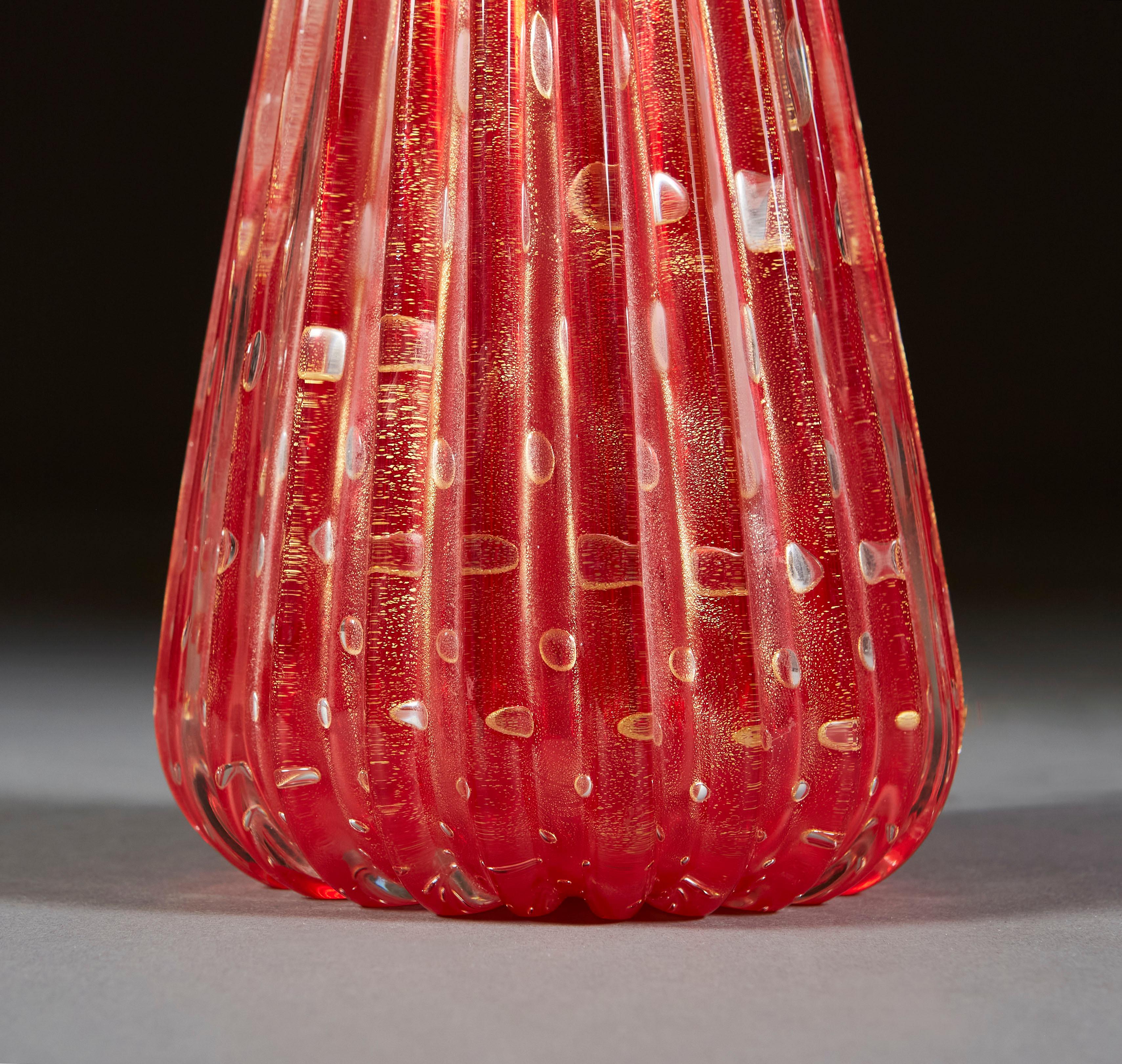 Italian Red Murano Bullicante Glass Lamp
