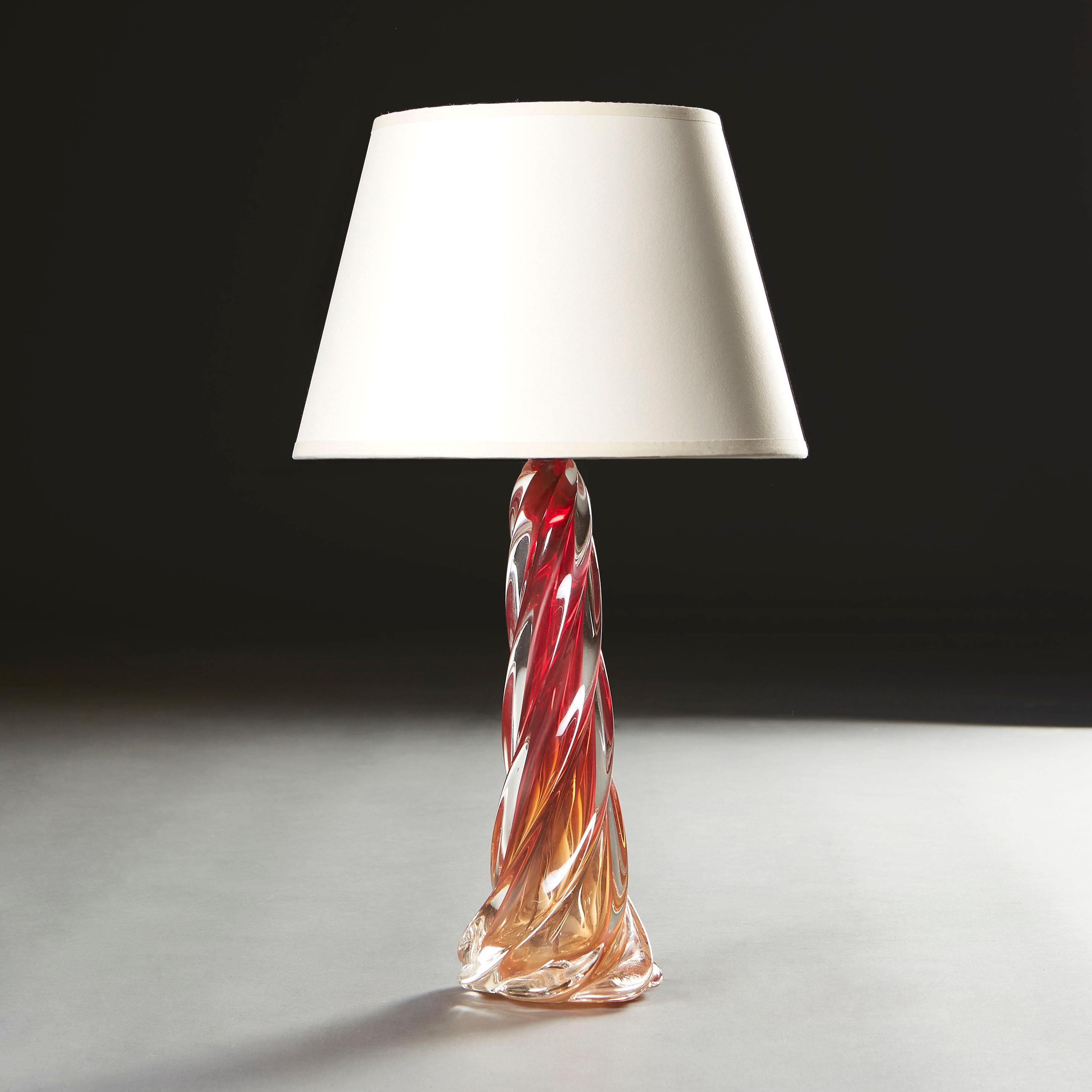 Italian A Matched Pair of Red Murano Glass Spiral Table Lamps For Sale