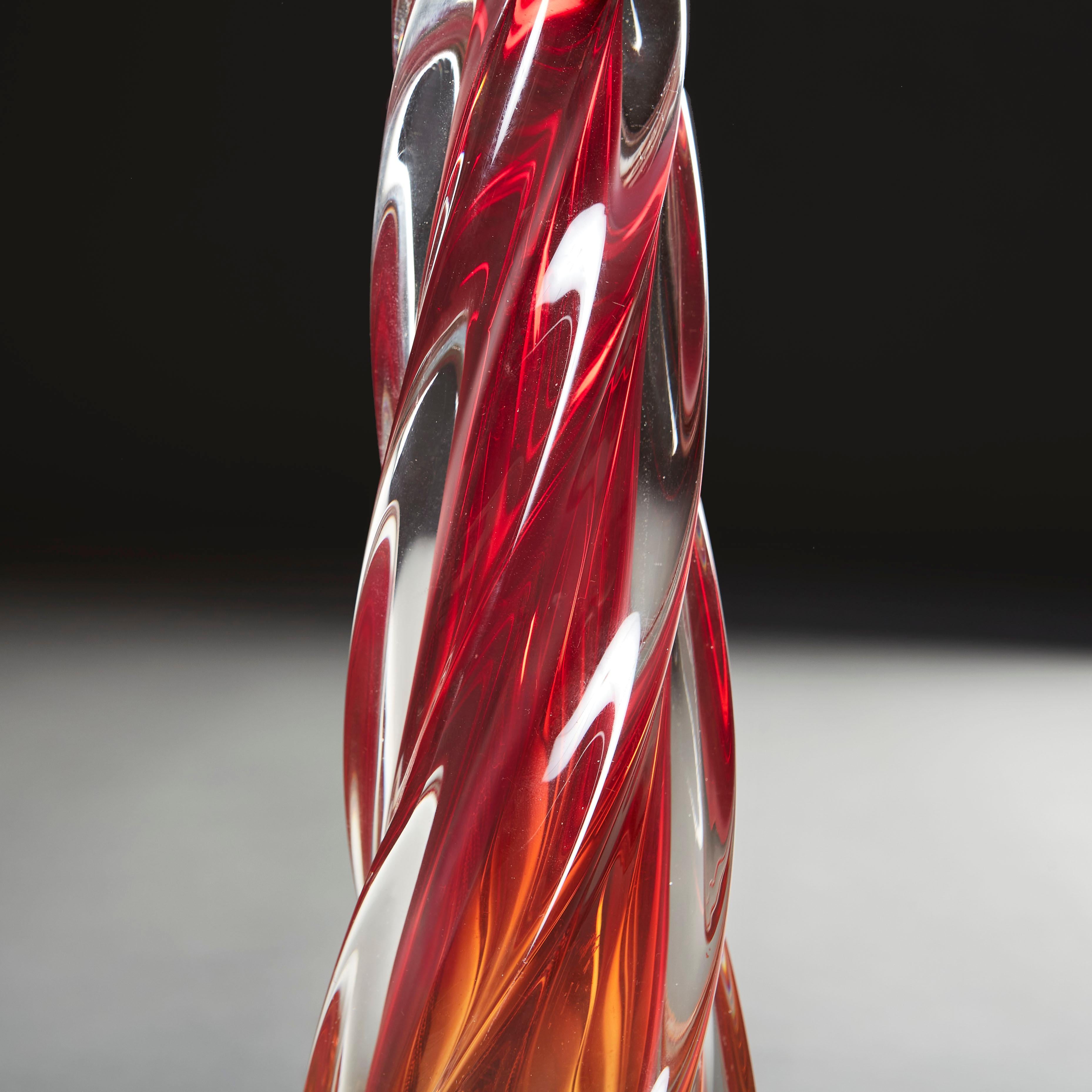 20th Century A Matched Pair of Red Murano Glass Spiral Table Lamps For Sale