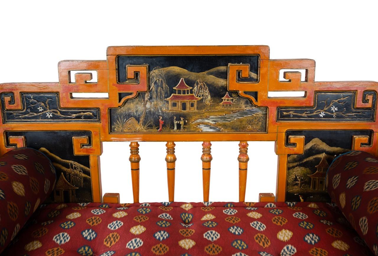 Hand-Painted A Red Painted Chinoiserie Settee For Sale