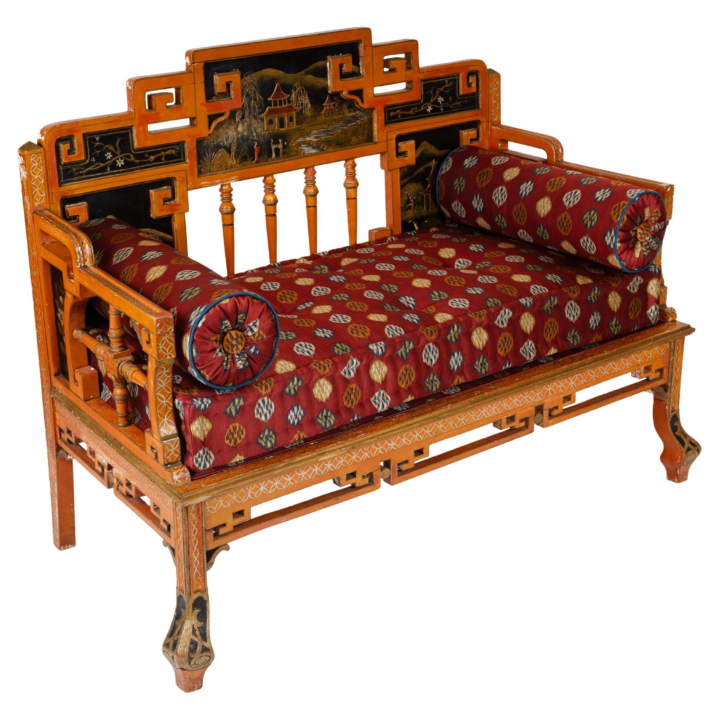 A Red Painted Chinoiserie Settee For Sale