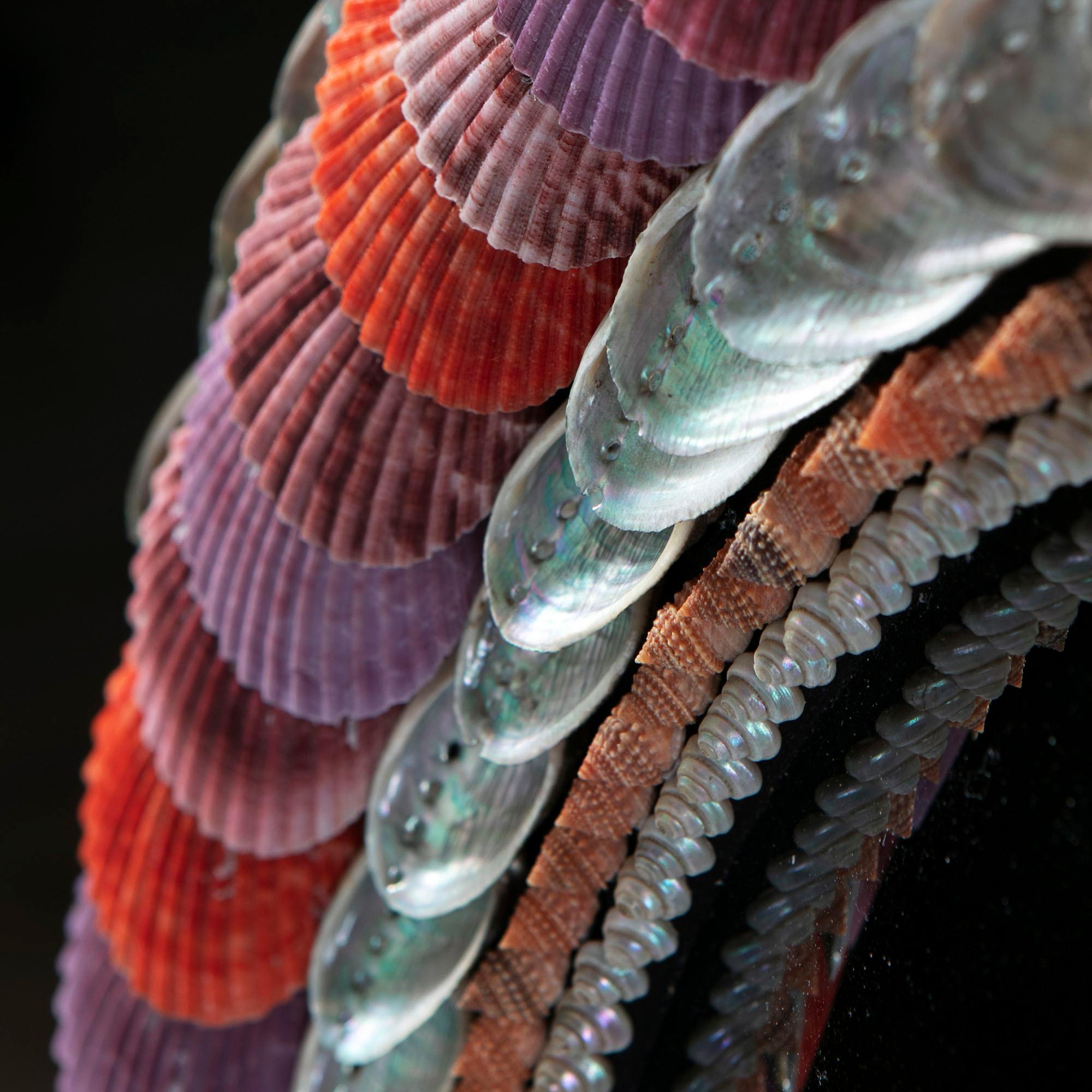 Ein runder Muschelspiegel mit konvexer Spiegelplatte. Der Rand ist durchgehend mit Muscheln in verschiedenen Rot- und Violetttönen verziert. 

Von Tess Morley.