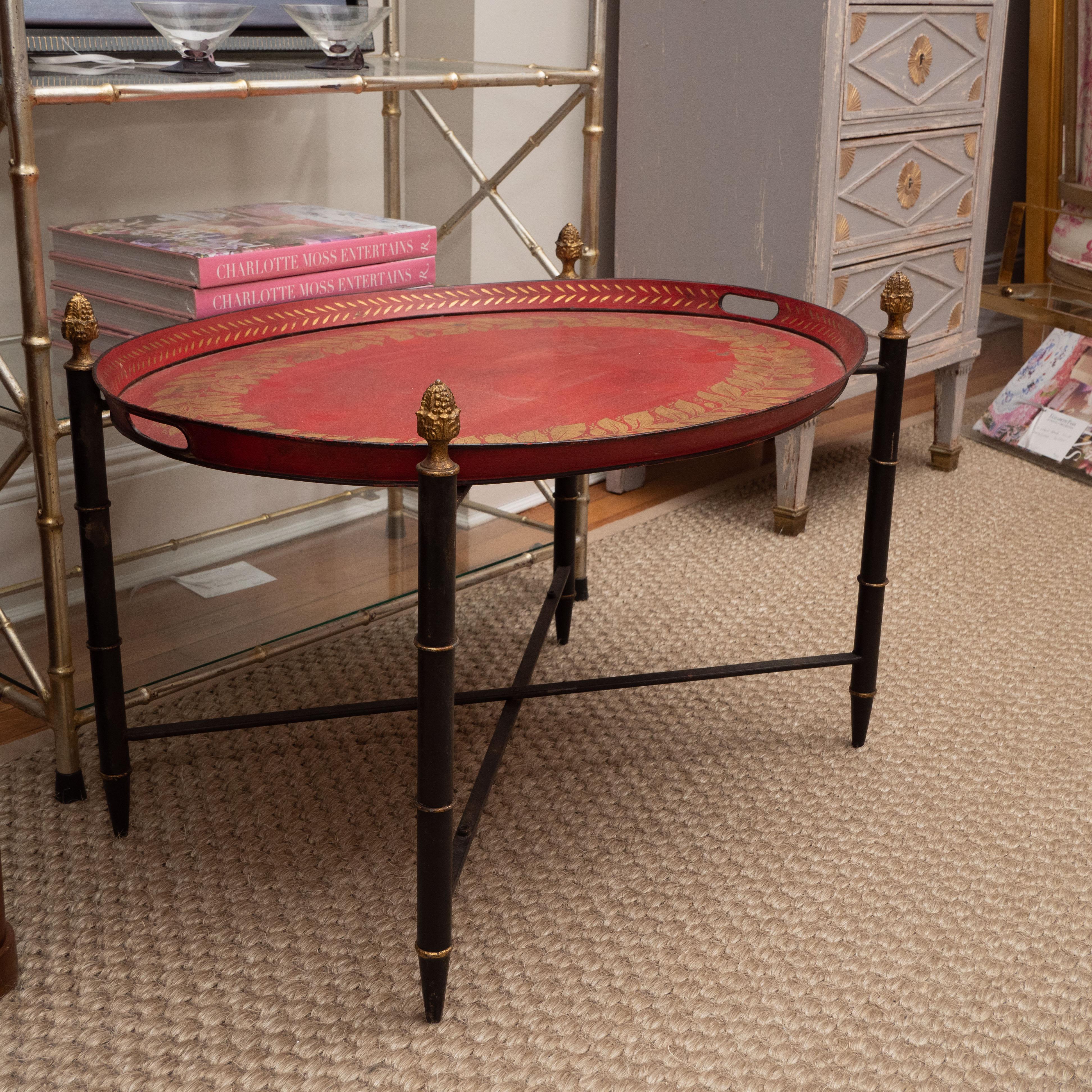 Tôle Red Tole Table with Decorative Oval Top and X-Frame Base