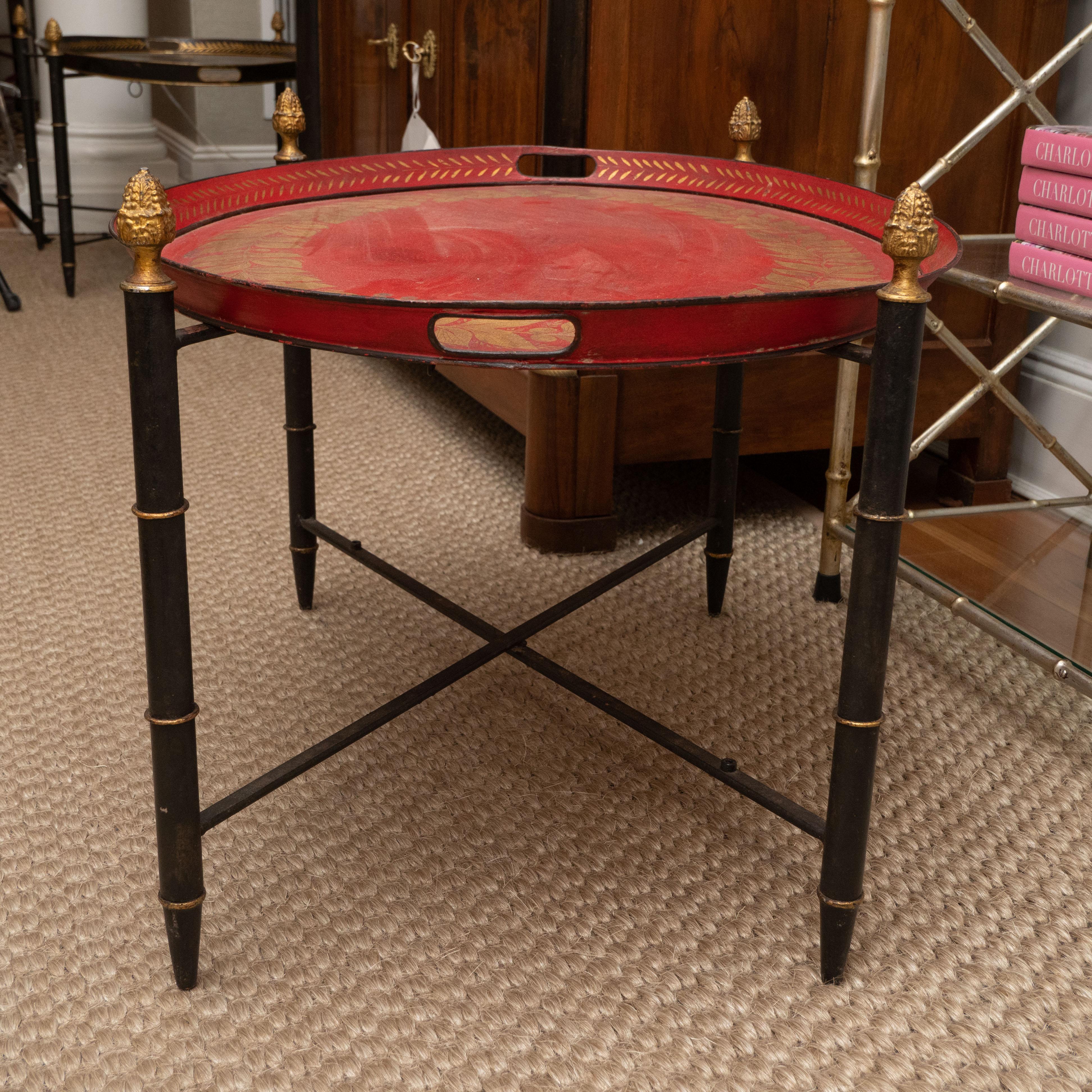 Red Tole Table with Decorative Oval Top and X-Frame Base 1