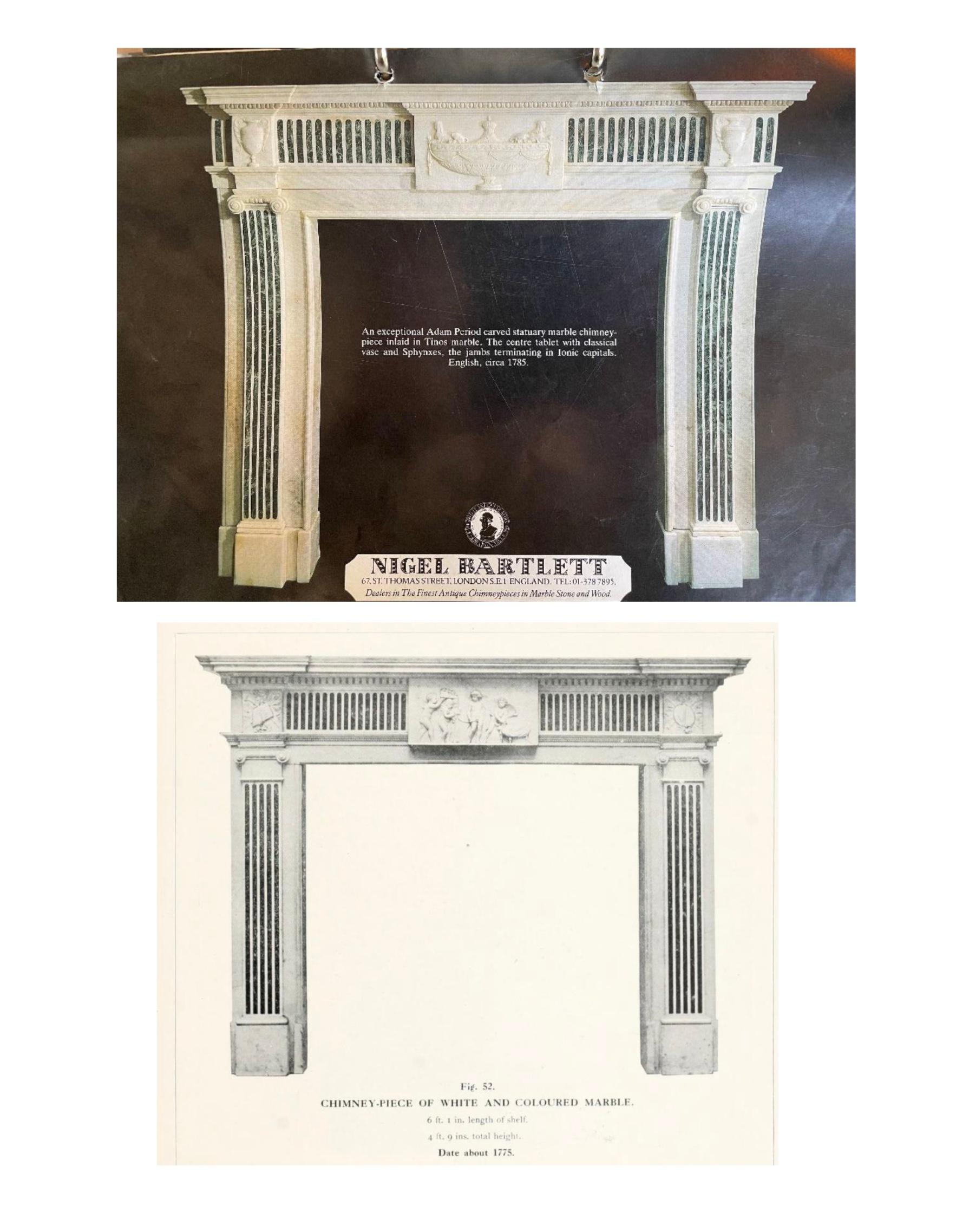 XVIIIe siècle Cheminée néoclassique raffinée des années 1780 en marbre statuaire avec incrustations de Tinos en vente