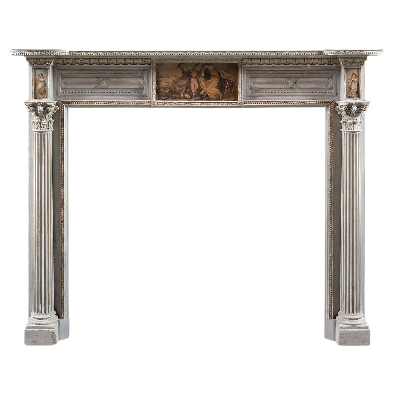 Cheminée néoclassique raffinée du XVIIIe siècle en bois peint en vente