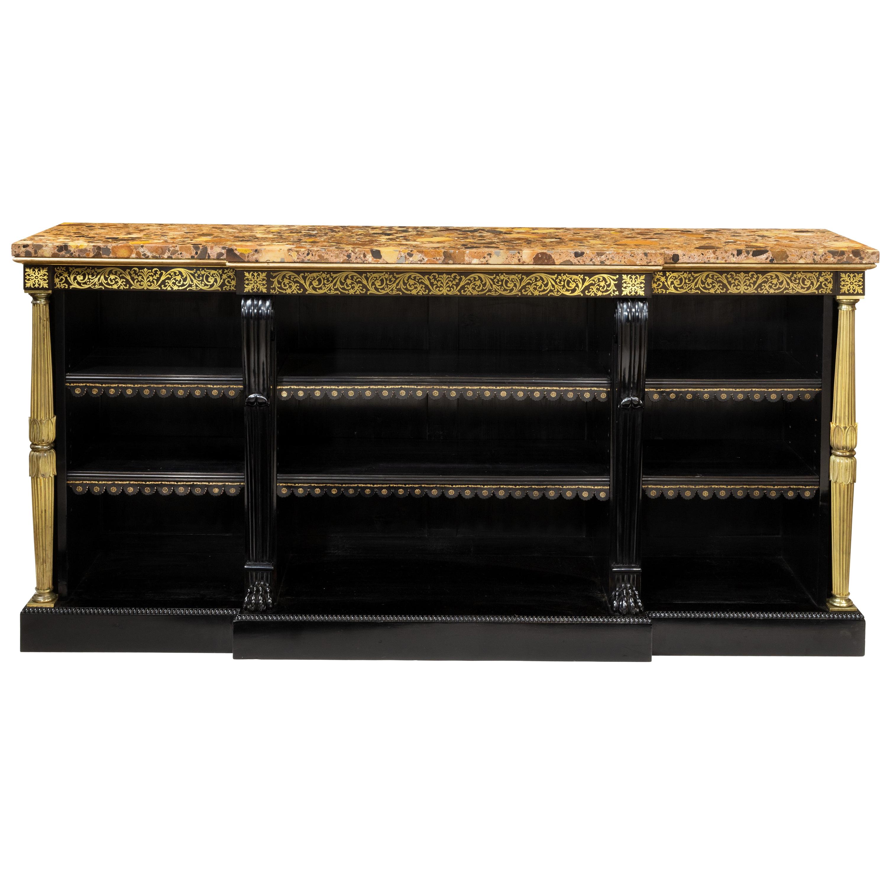 Regency Brass-Inlaid Ebonized Breakfront Bookcase