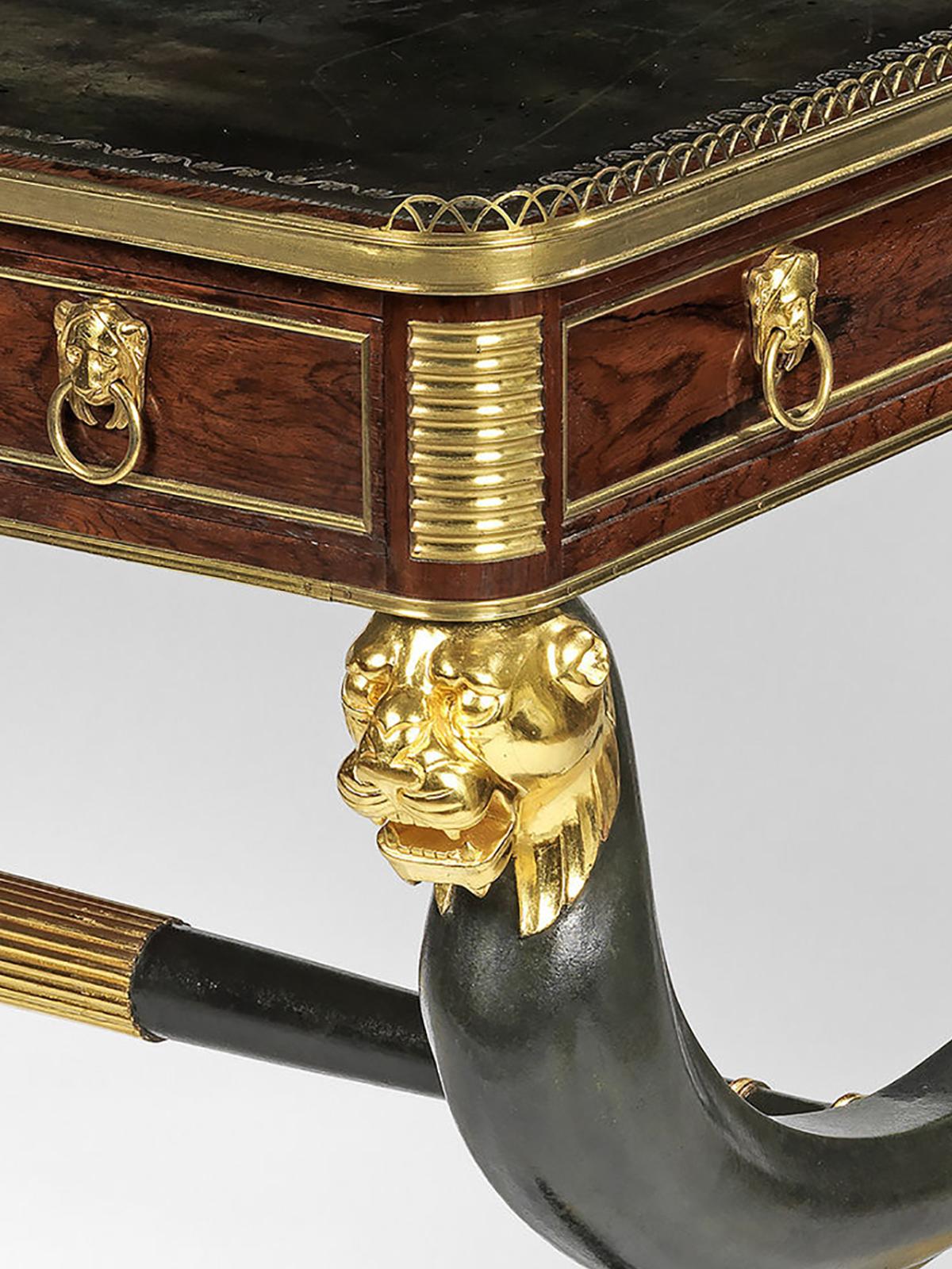 English Regency Brass-Mounted Rosewood, Ebonized and Parcel-Gilt Writing Table For Sale