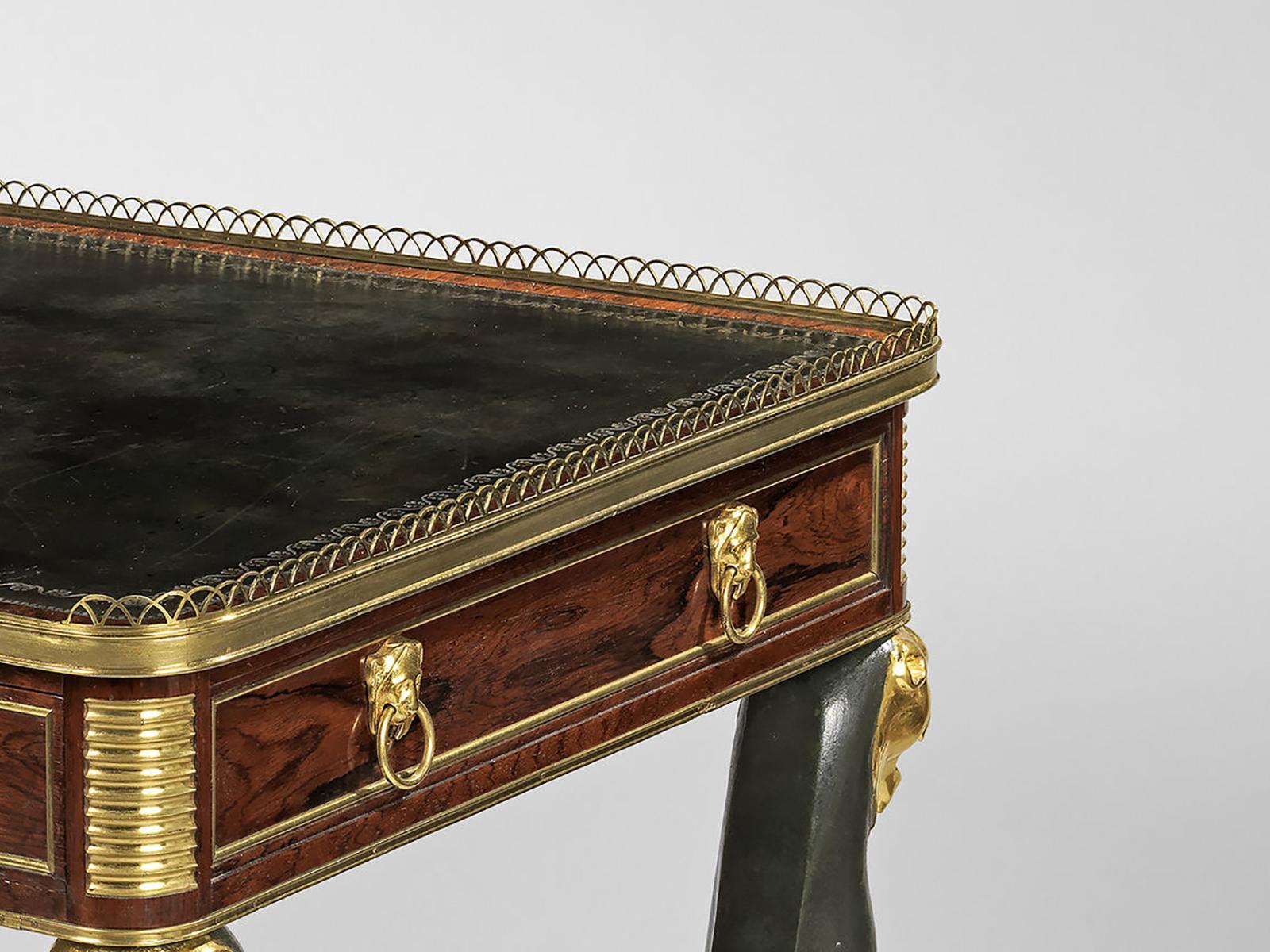 Veneer Regency Brass-Mounted Rosewood, Ebonized and Parcel-Gilt Writing Table For Sale