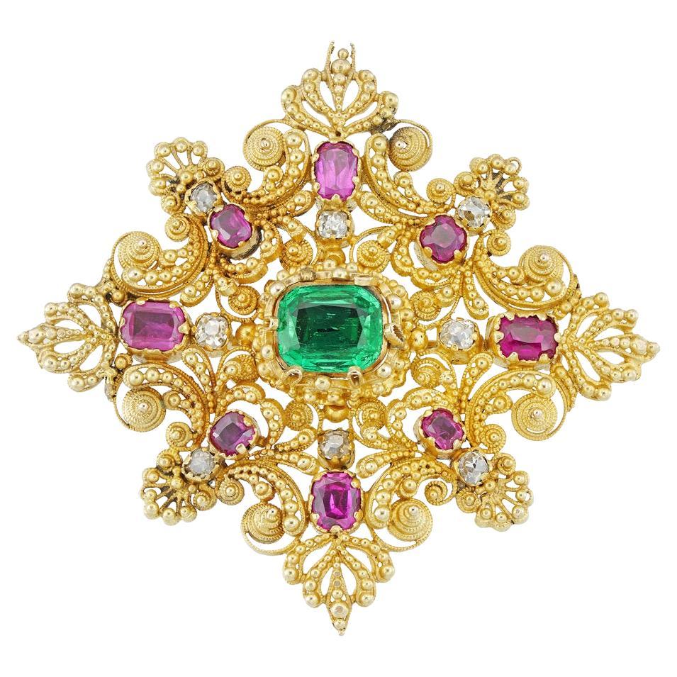 Regency Cannetille Kreuzbrosche mit Edelsteinbesatz