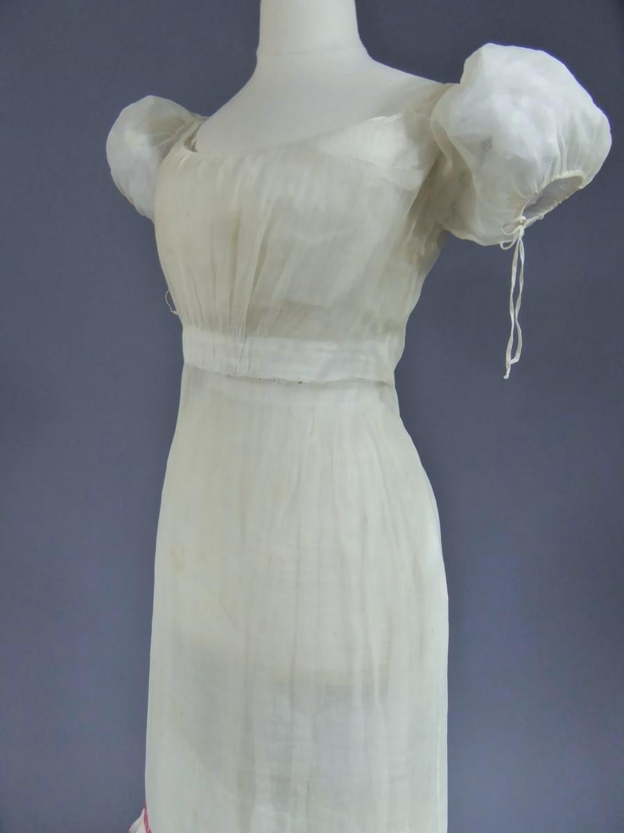 A Regency Cotton Voile Day Embroidered Summer Dress -France Circa 1815/1820 For Sale 6