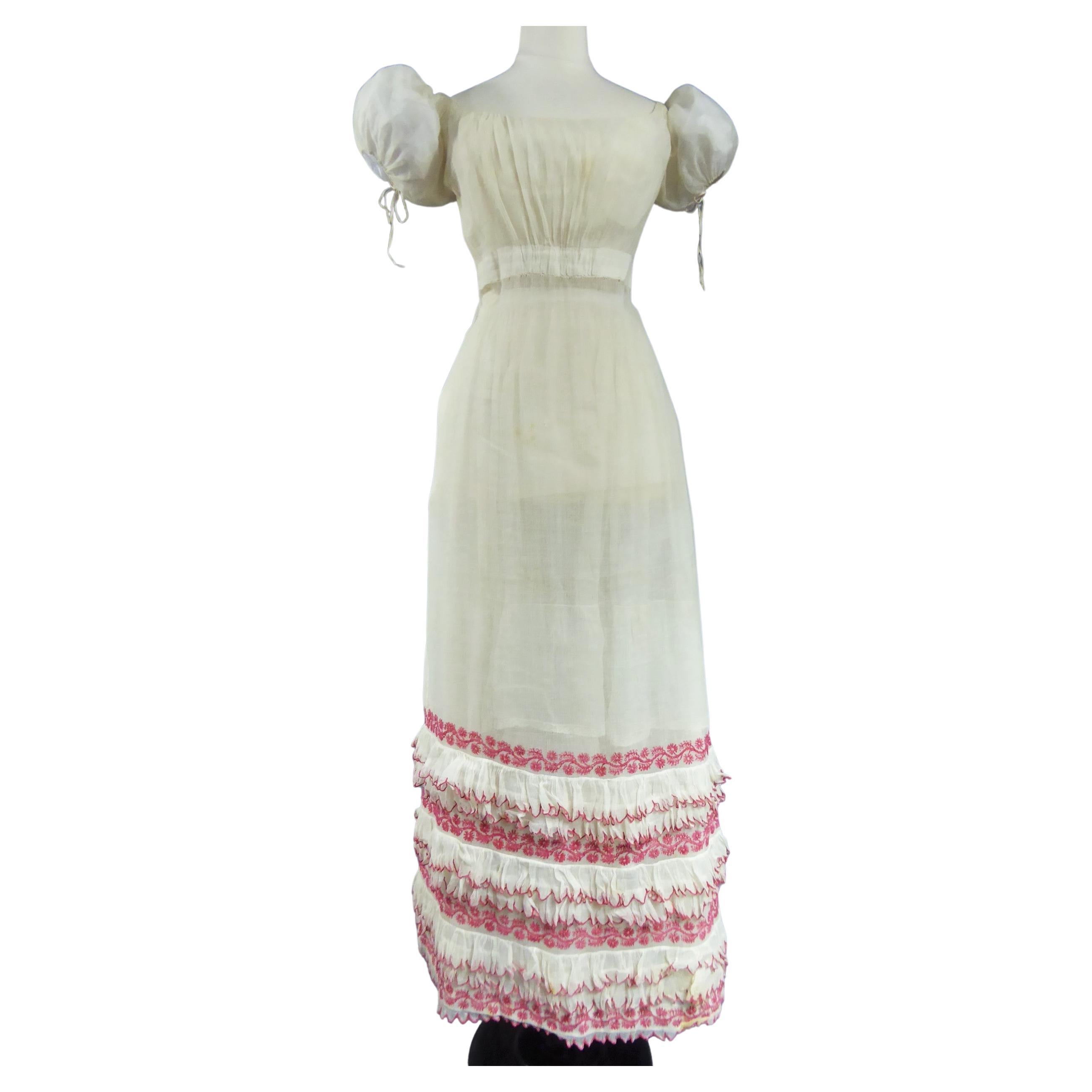 A Regency Cotton Voile Day Embroidered Summer Dress -France Circa 1815/1820 For Sale