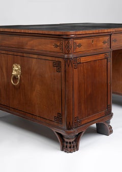 Regency Ebony-Inlaid Mahogany Pedestal Desk in the Manner of Thomas Hope