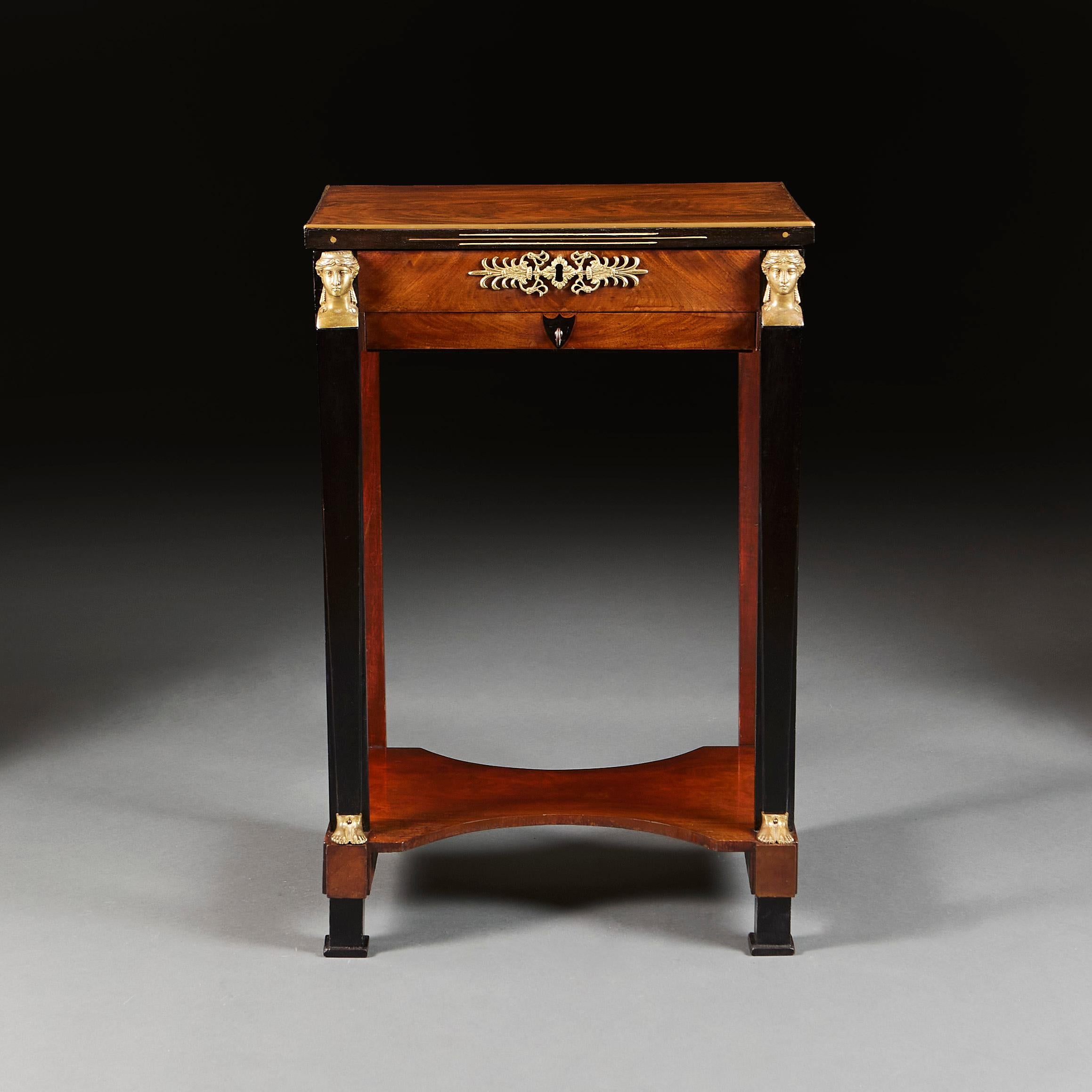 England, circa 1820

A fine early nineteenth century mahogany bedside table with Egyptian caryatids and gilt bronze feet, the top fitted with a mirror and compartments and below a single draw, all supported on tapering feet.

Height 74.00cm
Width