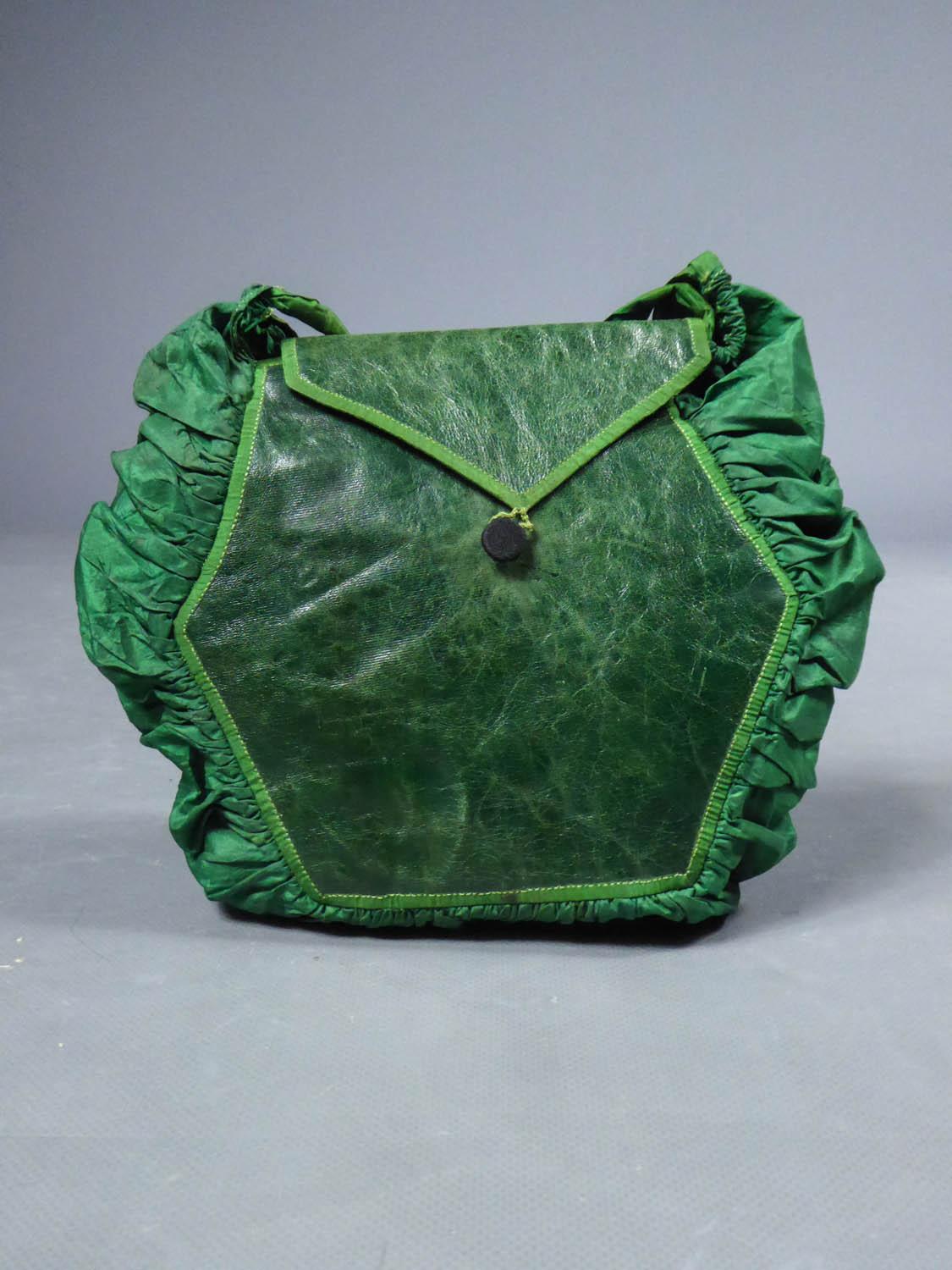 A Regency French Reticule Purse, leather and Chintz Early 19th century In Good Condition In Toulon, FR