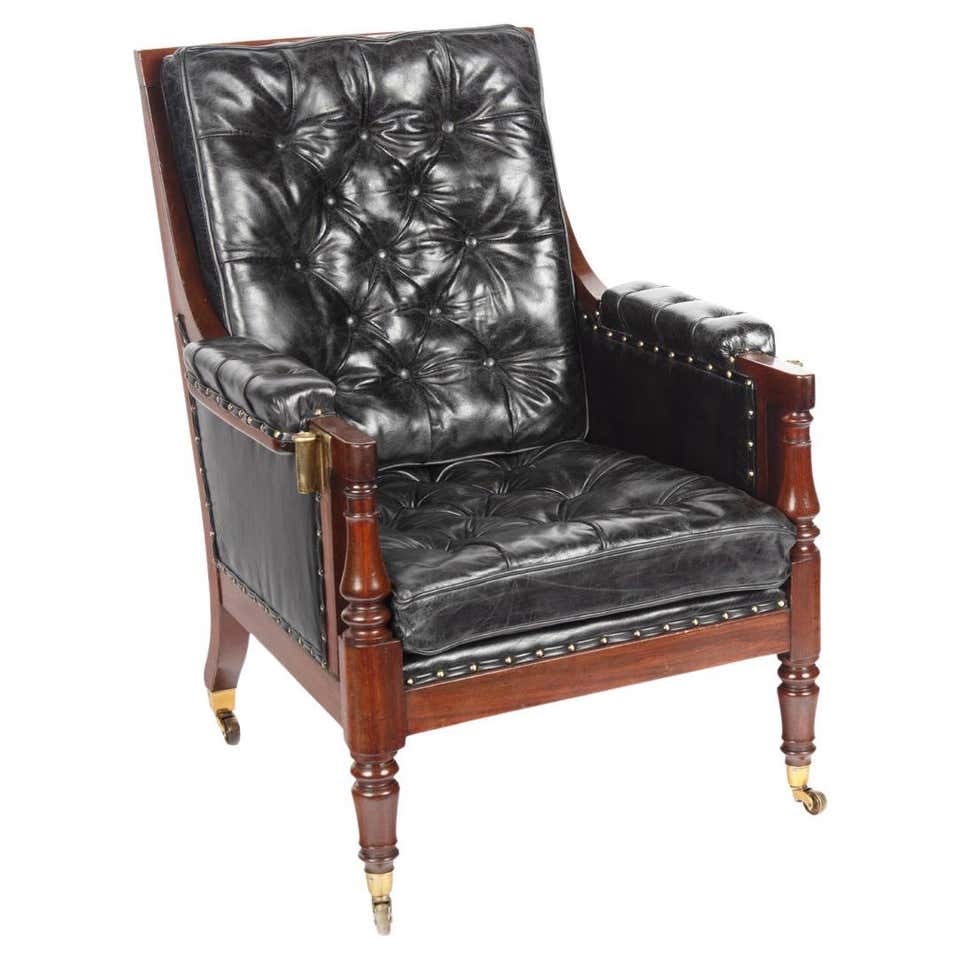 English Regency Style Leather Library Chair on Brass Casters at 1stDibs