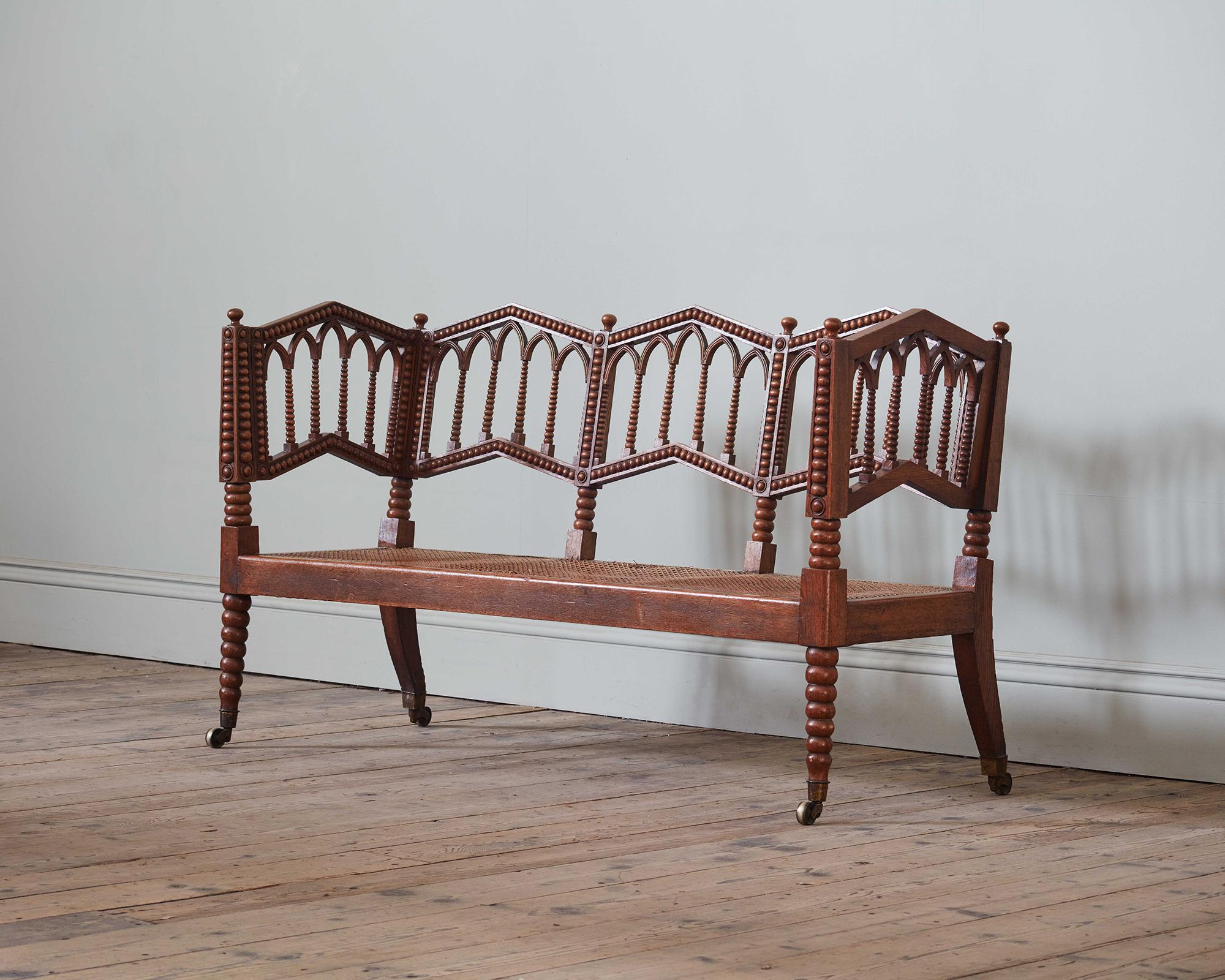 Caning A Regency Oak & Caned Bobbin Hall Bench For Sale