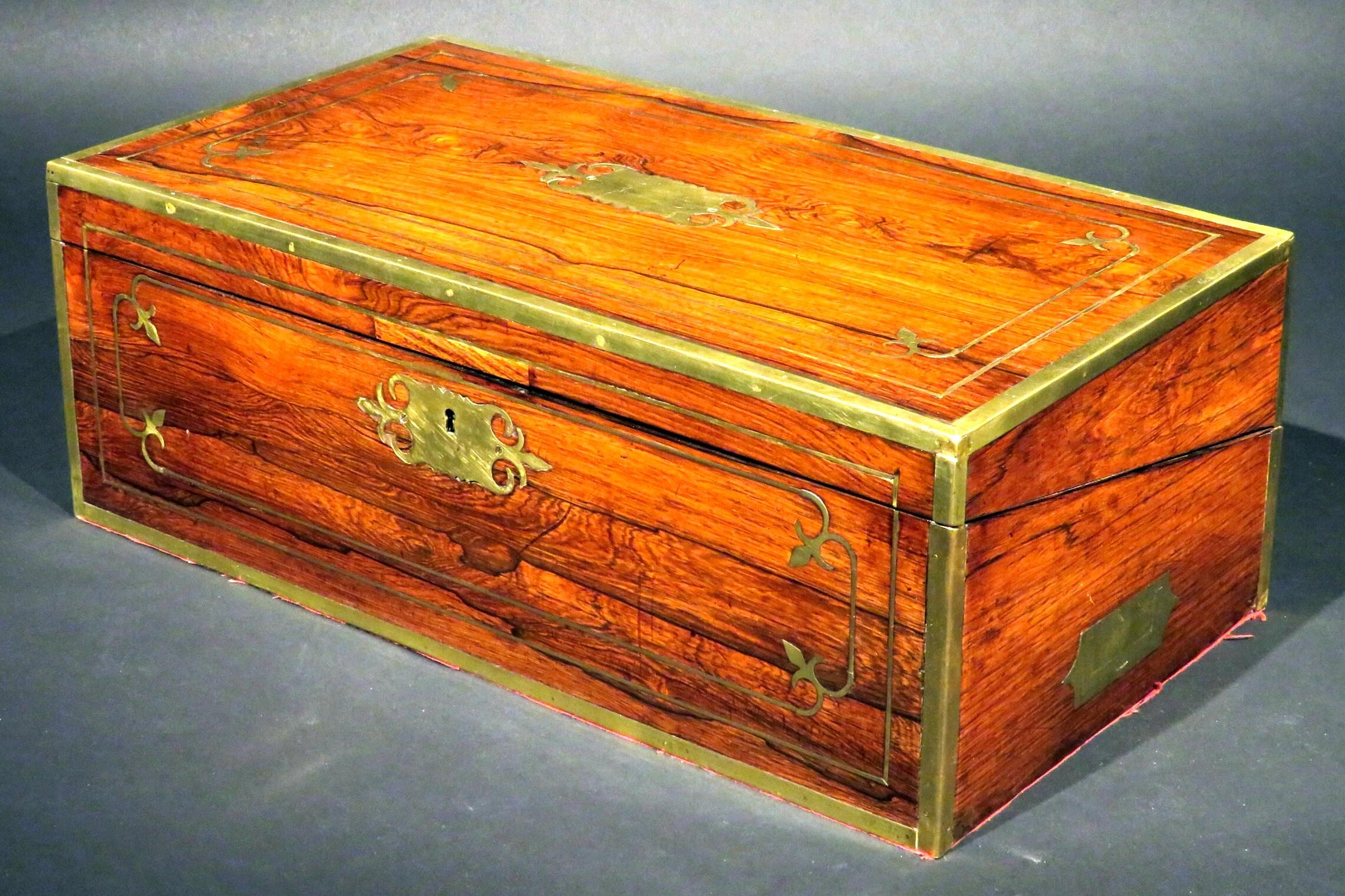 English Regency Period Brass Bound Rosewood Campaign Writing Box, England, Circa 1815 For Sale