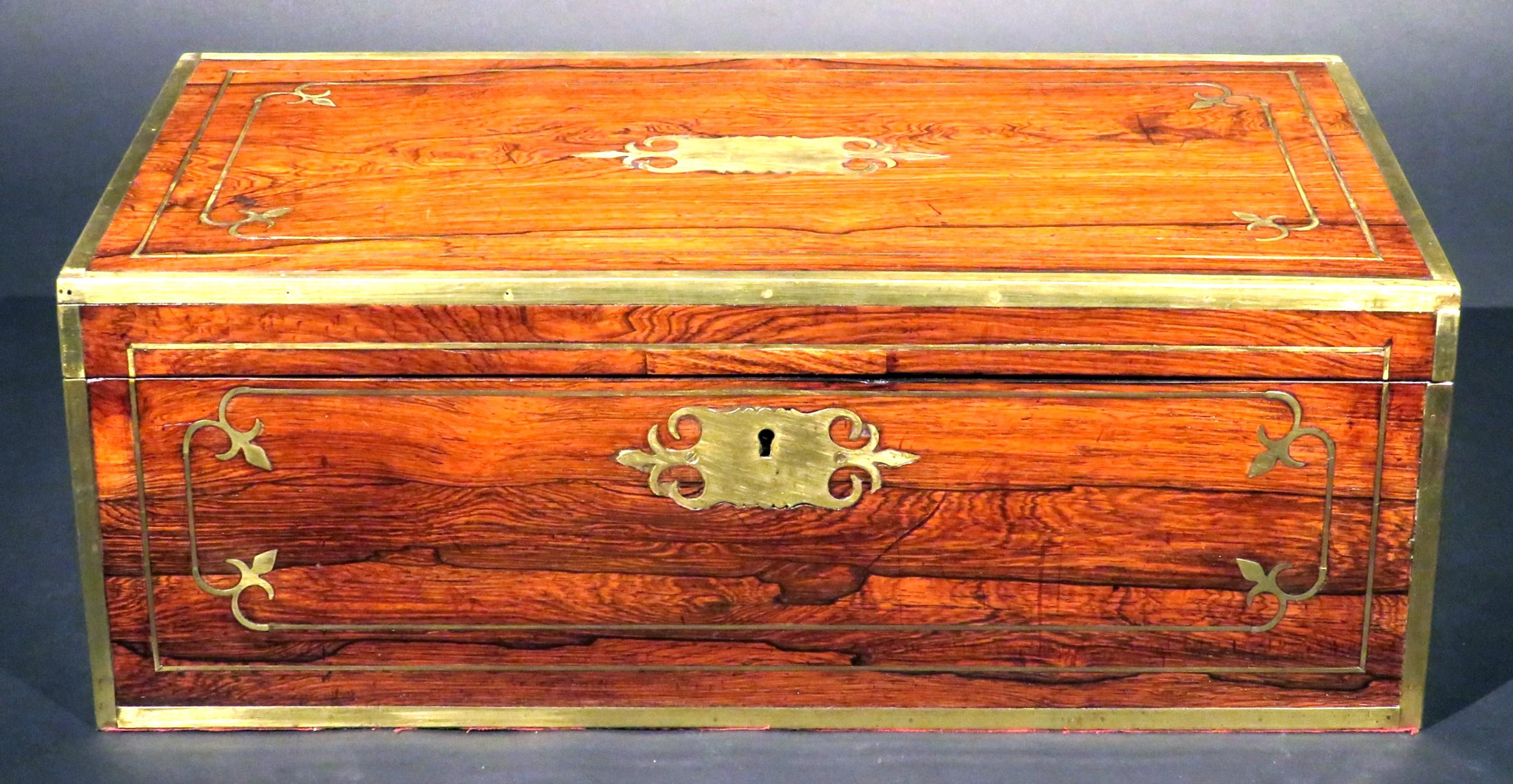 Inlay Regency Period Brass Bound Rosewood Campaign Writing Box, England, Circa 1815 For Sale