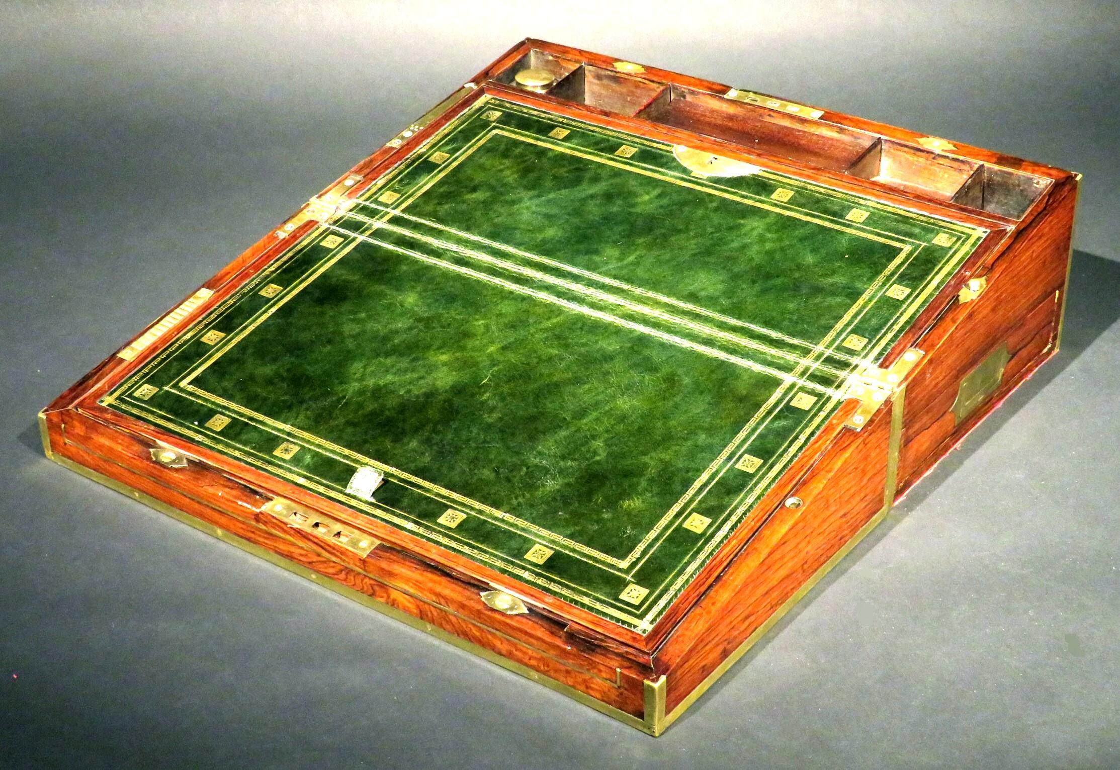 19th Century Regency Period Brass Bound Rosewood Campaign Writing Box, England, Circa 1815 For Sale
