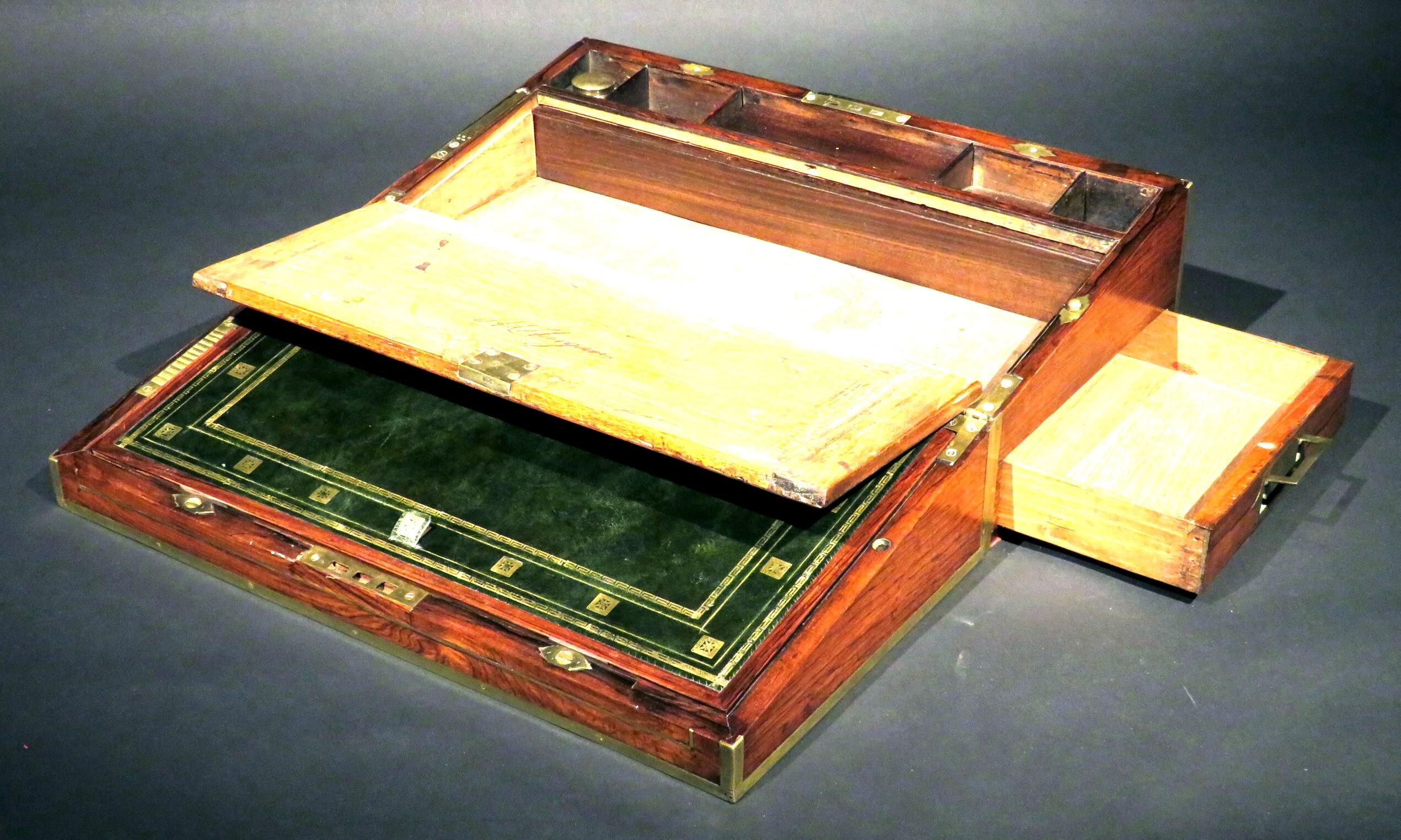 Regency Period Brass Bound Rosewood Campaign Writing Box, England, Circa 1815 For Sale 2