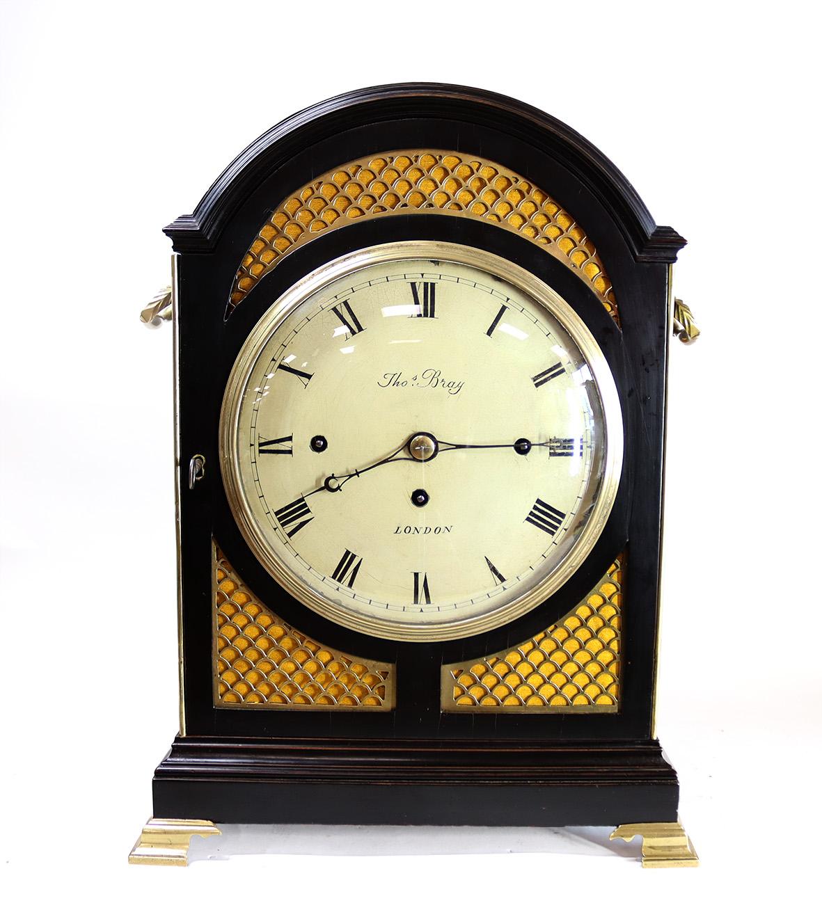 A very fine triple fusee quarter chiming bracket clock in an ebonised case in remarkable original condition. The eight day triple fusee movement with anchor escapement and long heavy bob pendulum and hold fast, chimes on a nest of eight graduated
