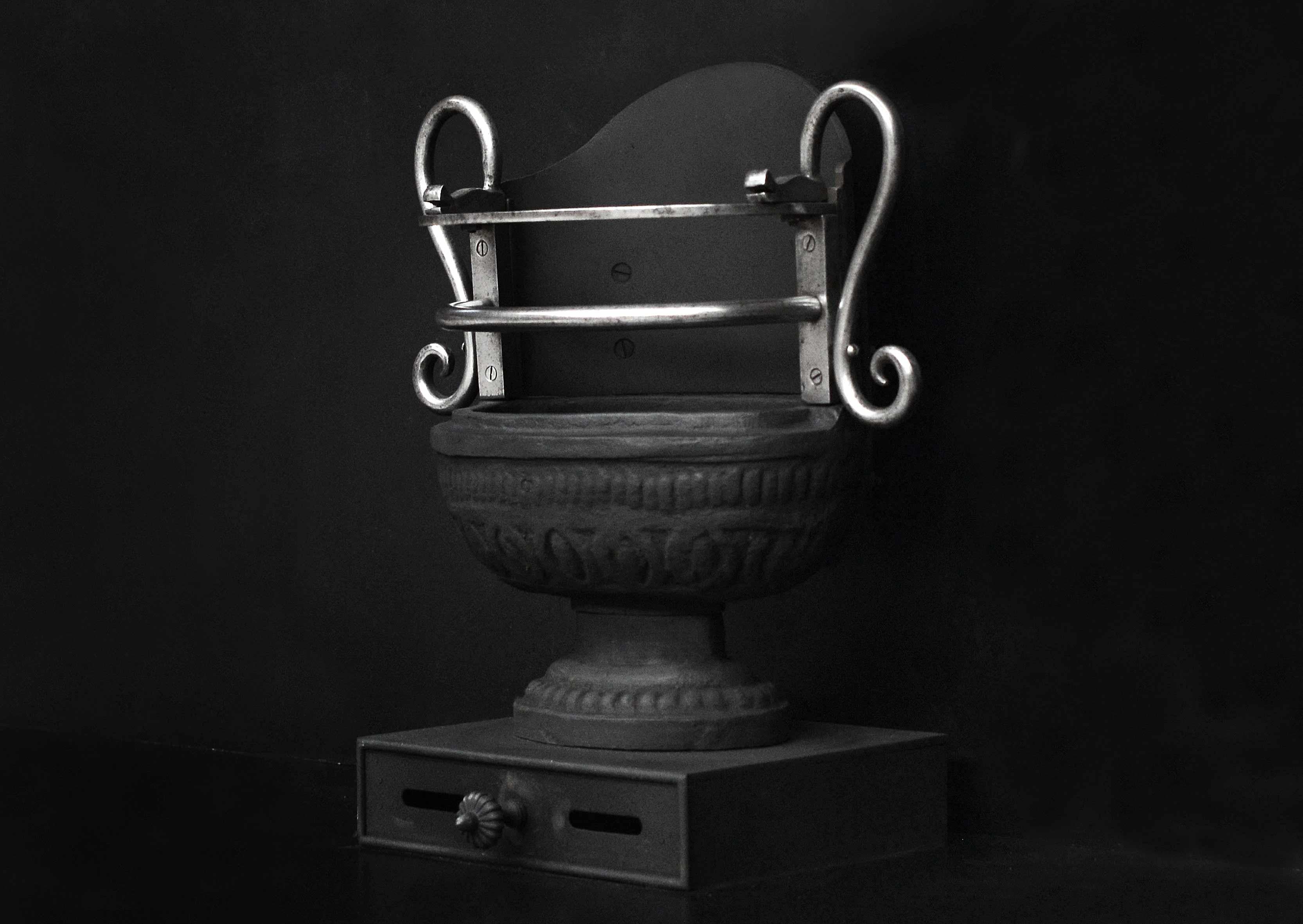 A polished cast iron urn firegrate in the Regency style. The oval shaped burning area with wrought iron handles to sides and swags, oval paterae and rams heads below. The decorative oval base on rectangular plinth with matching ash pan. English,
