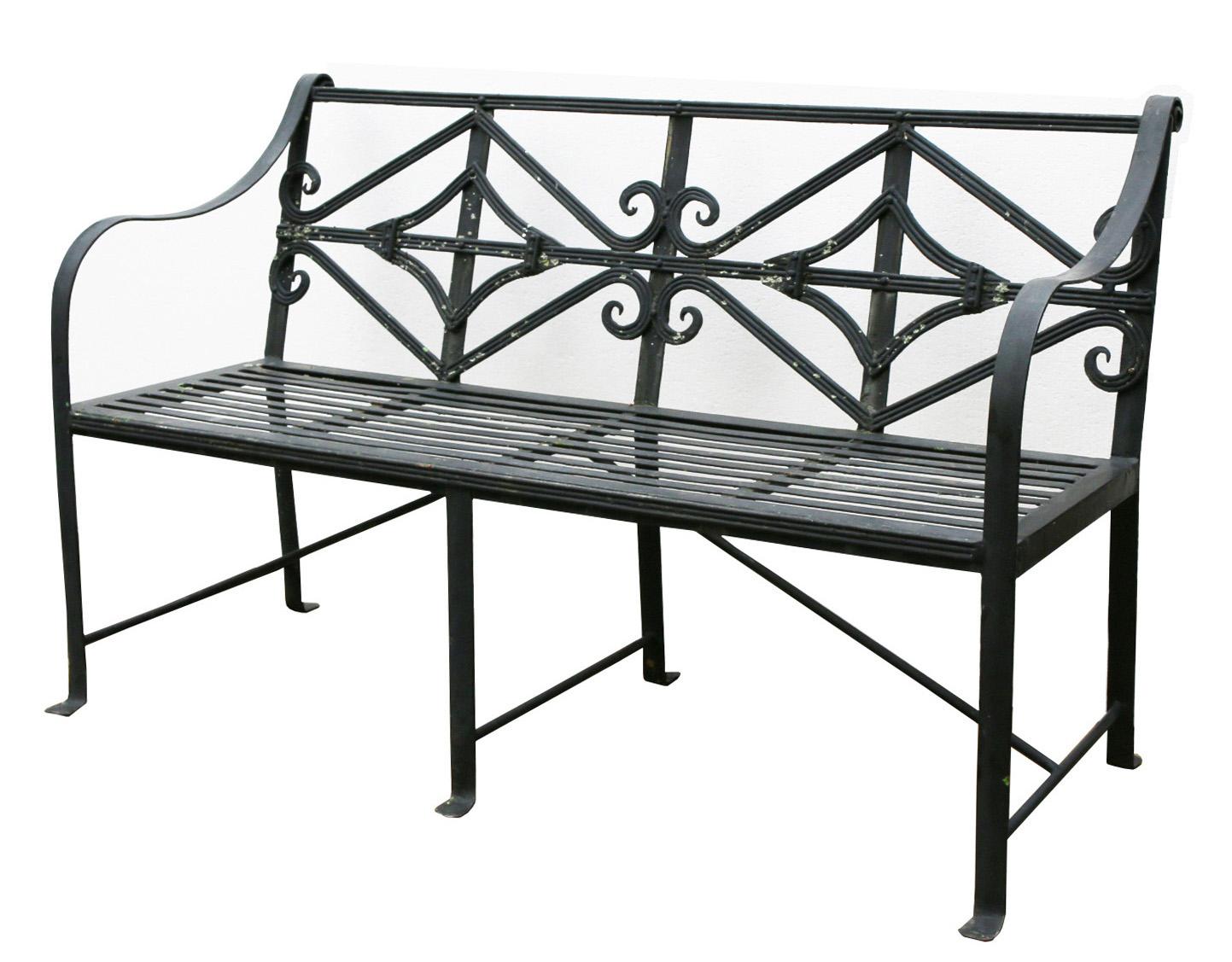A beautiful Blacksmith made, three seat strapwork garden bench. Finished in old black paint.
Additional Dimensions

Seat width 150 cm Depth 47 cm.