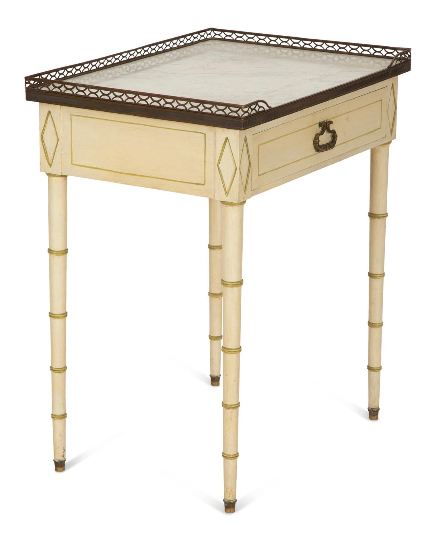 French Regency Style Faux Bamboo Inspired Side Table. Painted Side Table with Brass Three-Quarter Gallery Top with inset Carrara marble. 