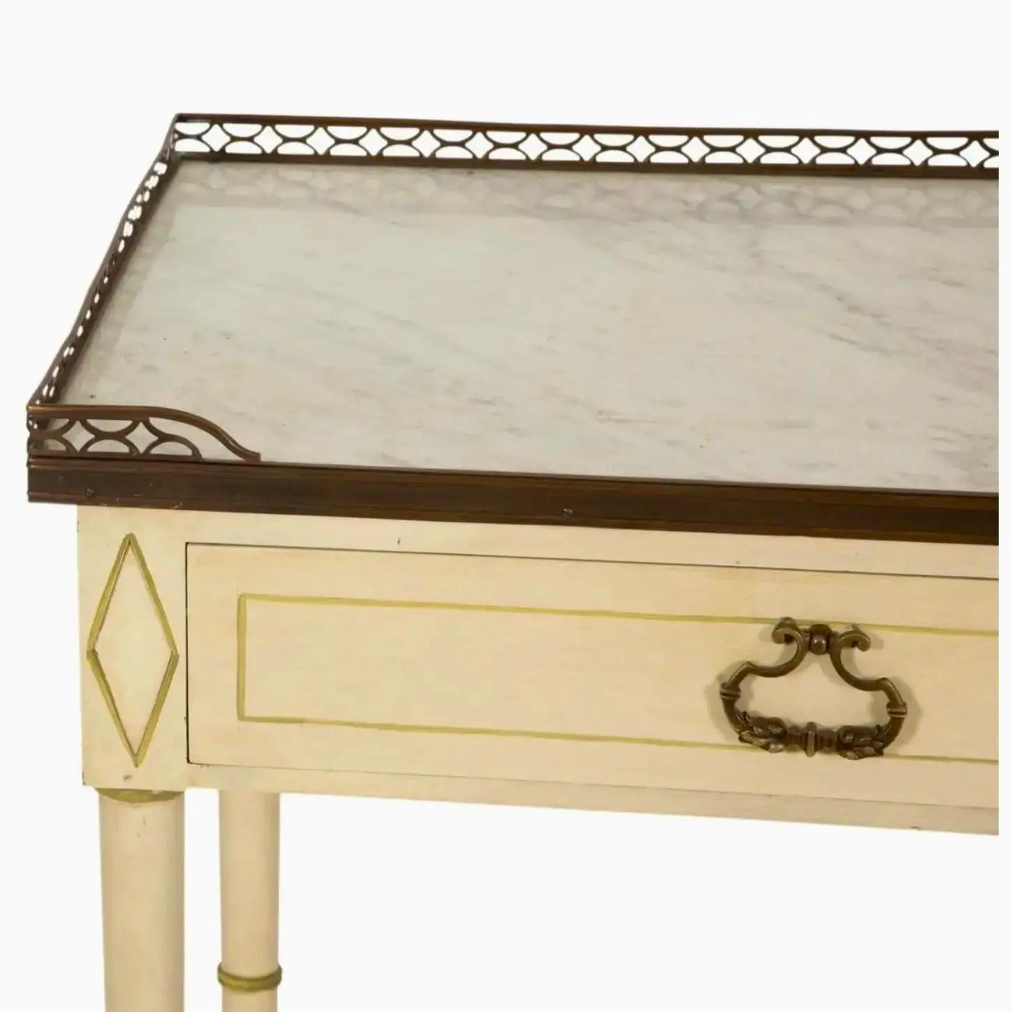 French Regency Style Faux Bamboo Inspired Side Table. Painted Side Table with Brass Three-Quarter Gallery Top with inset Carrara marble. 