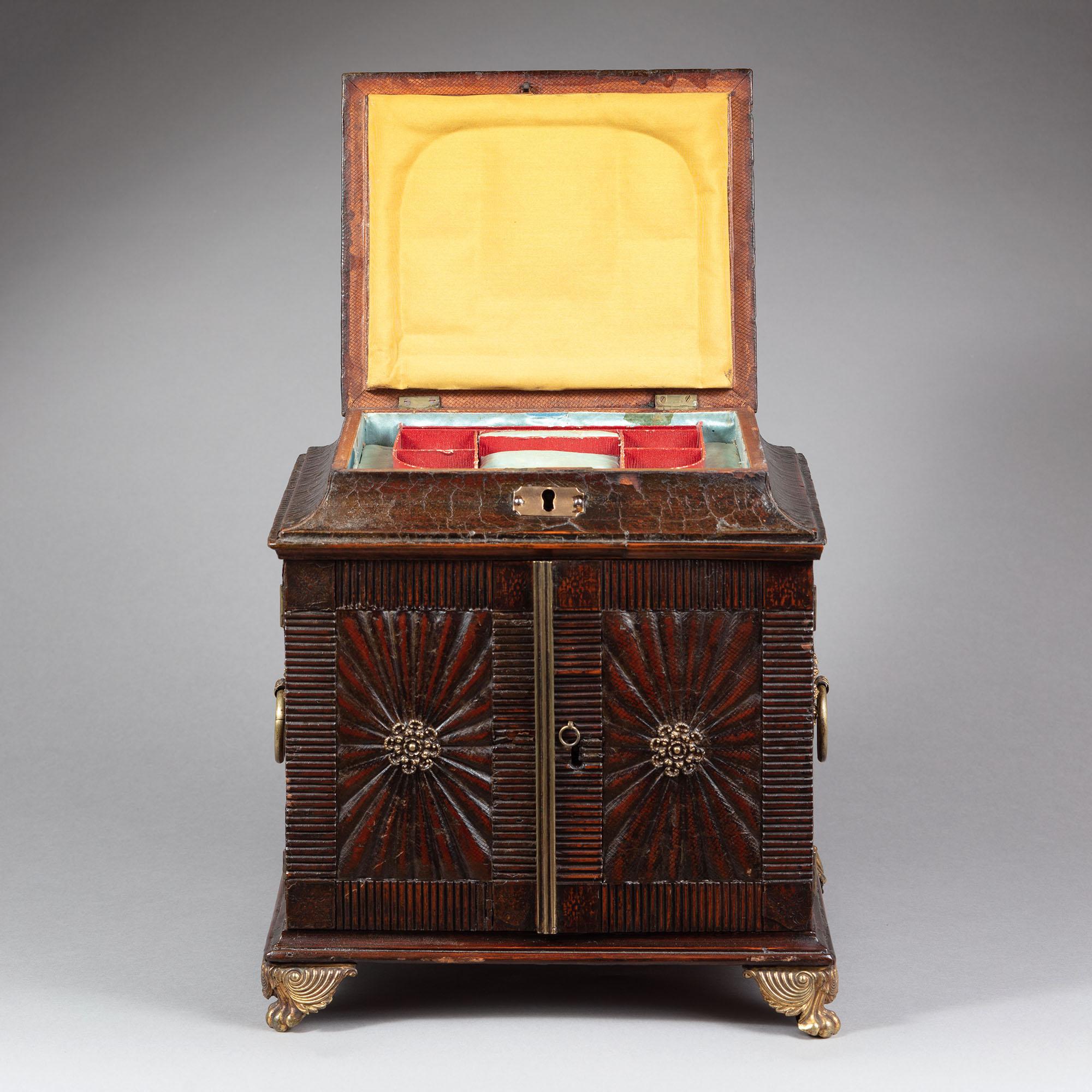 19th Century A Regency tooled and gathered leather casket, c.1820 For Sale