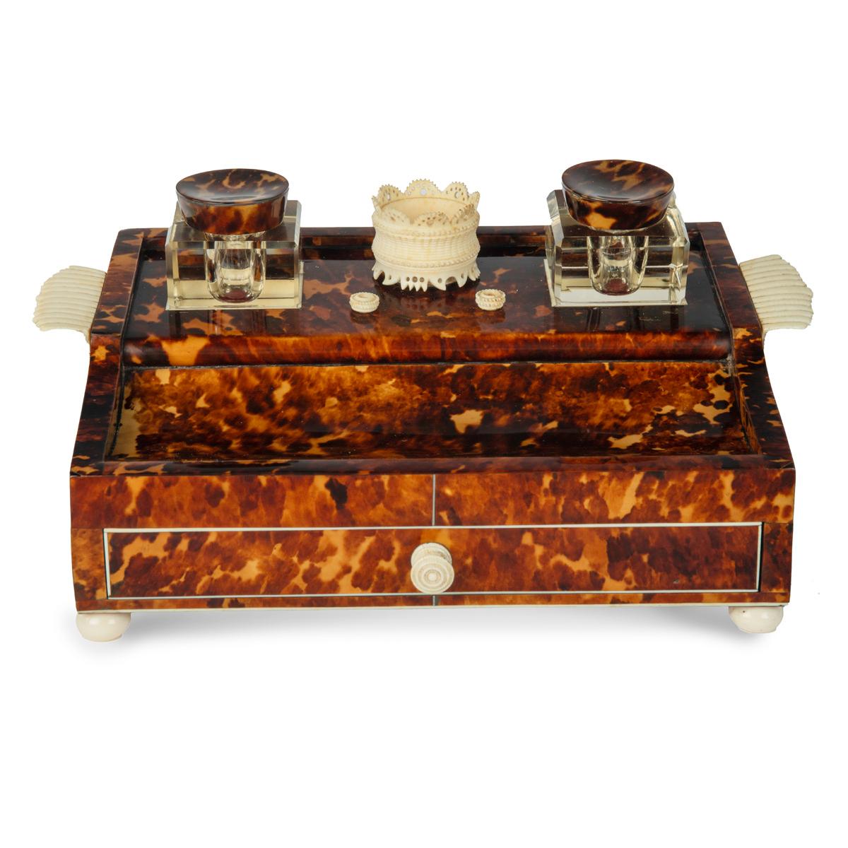 19th Century A Regency tortoiseshell and ivory desk set For Sale